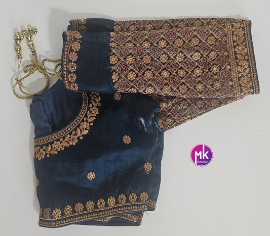 Readymade Saree Blouse - Silk base Dark green color floral Embroidery Blouses for Saree/ Lehenga - Size 38" - MK Fashionkart