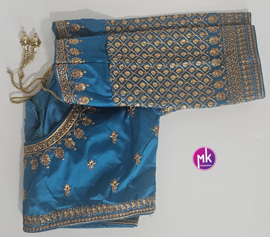 Readymade Saree Blouse - Silk base Peacock green color floral Embroidery Blouses for Saree/ Lehenga - Size 38" - MK Fashionkart