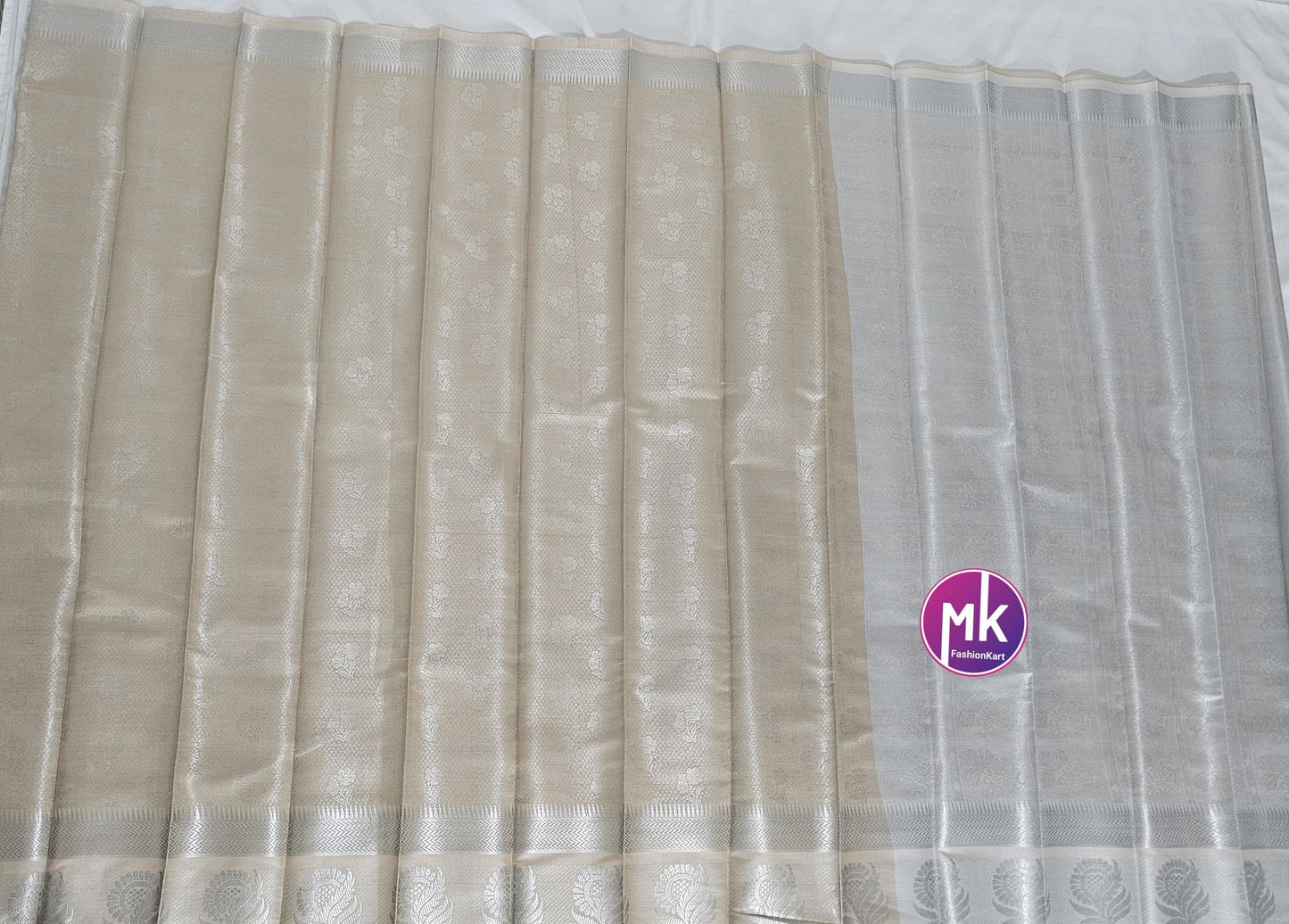 Flower designed Fancy Silk Berge with Silver color saree with Running blouse - Saree with running blouse - Partywear Saree - MK Fashionkart