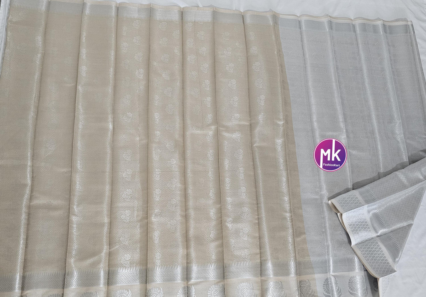 Flower designed Fancy Silk Berge with Silver color saree with Running blouse - Saree with running blouse - Partywear Saree - MK Fashionkart