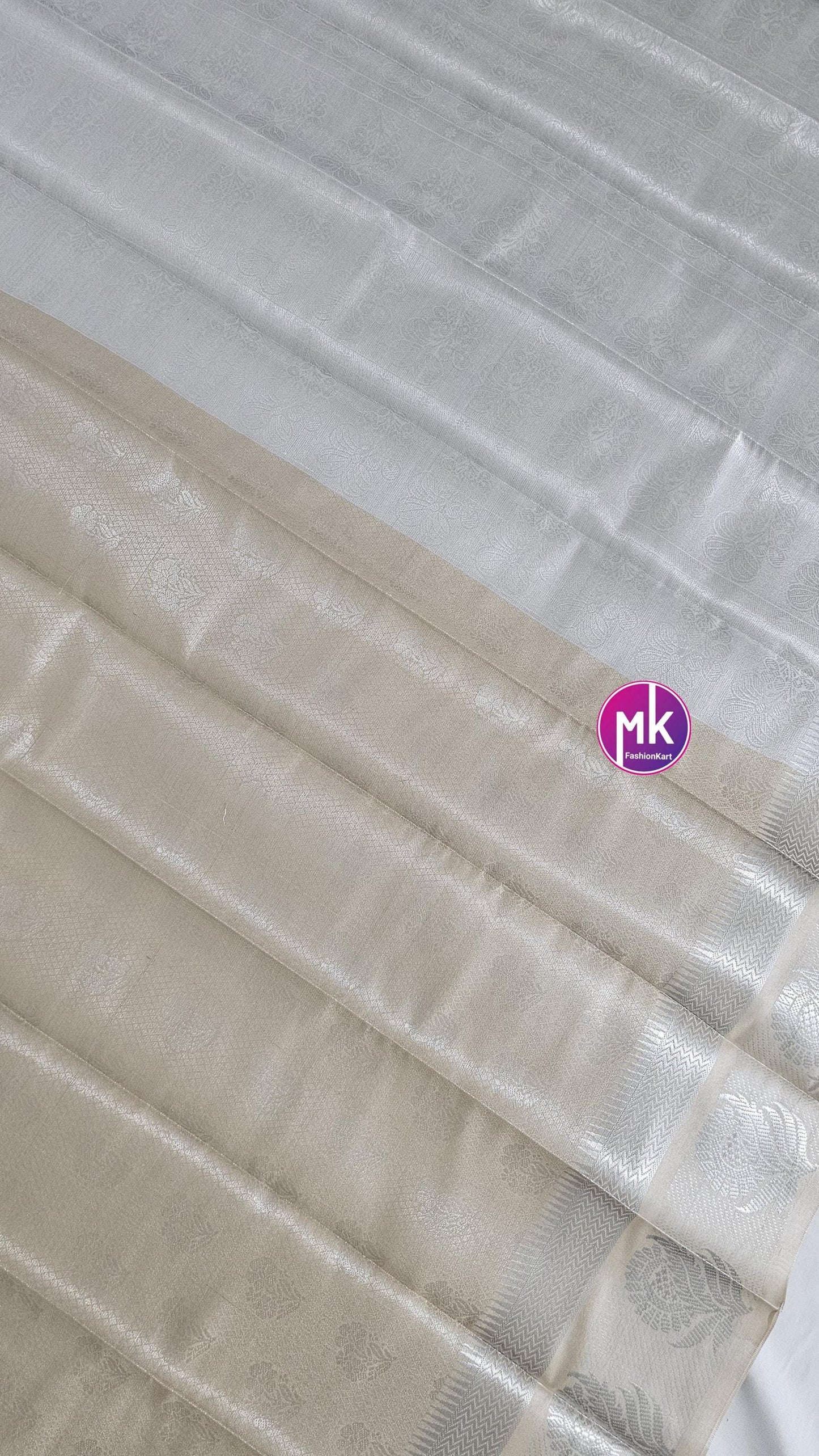 Flower designed Fancy Silk Berge with Silver color saree with Running blouse - Saree with running blouse - Partywear Saree - MK Fashionkart