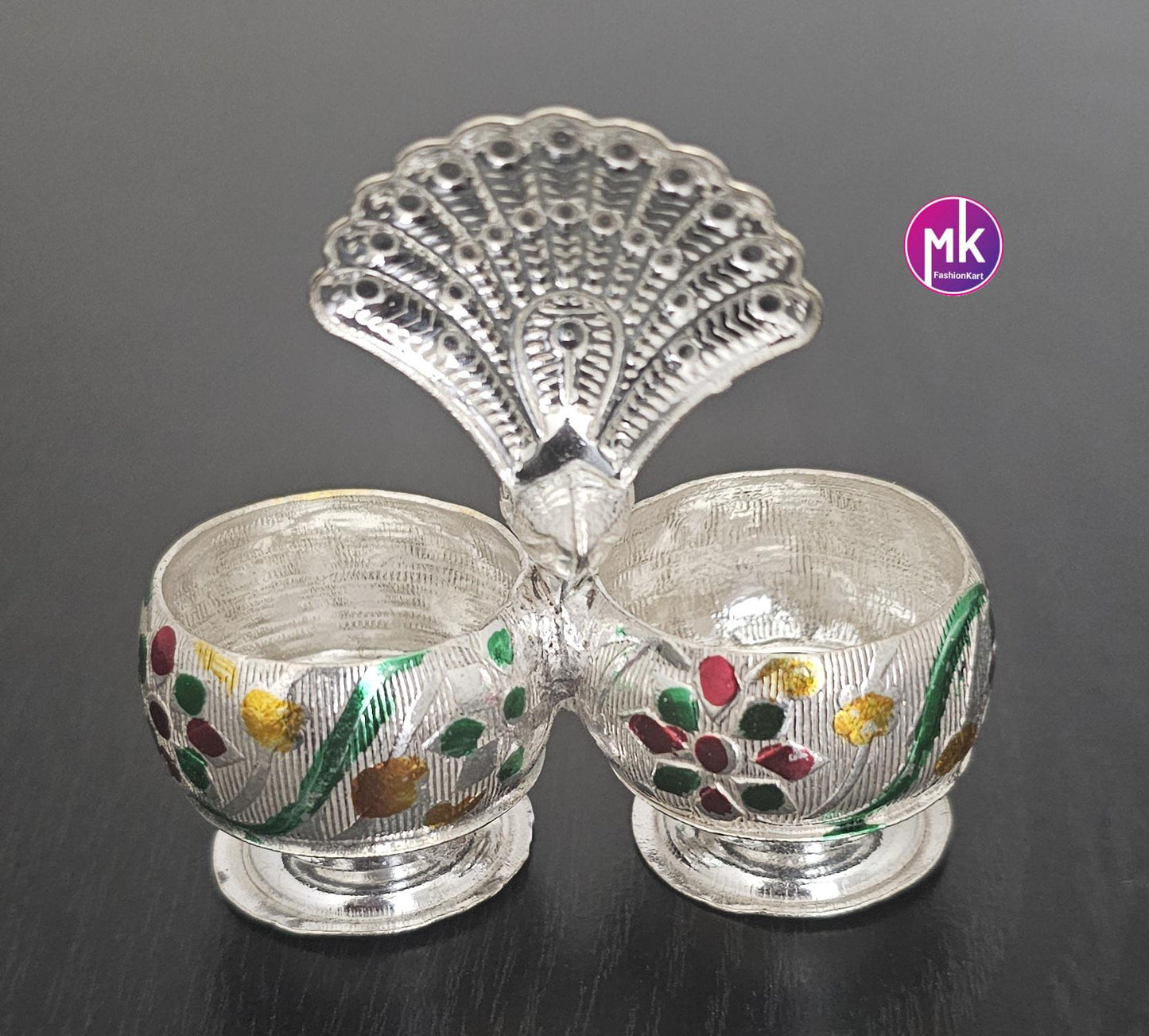 Peacock design German Silver Meenakari work Haldi Kumkum holder for House warming Gift, Pooja return gift - MK Fashionkart
