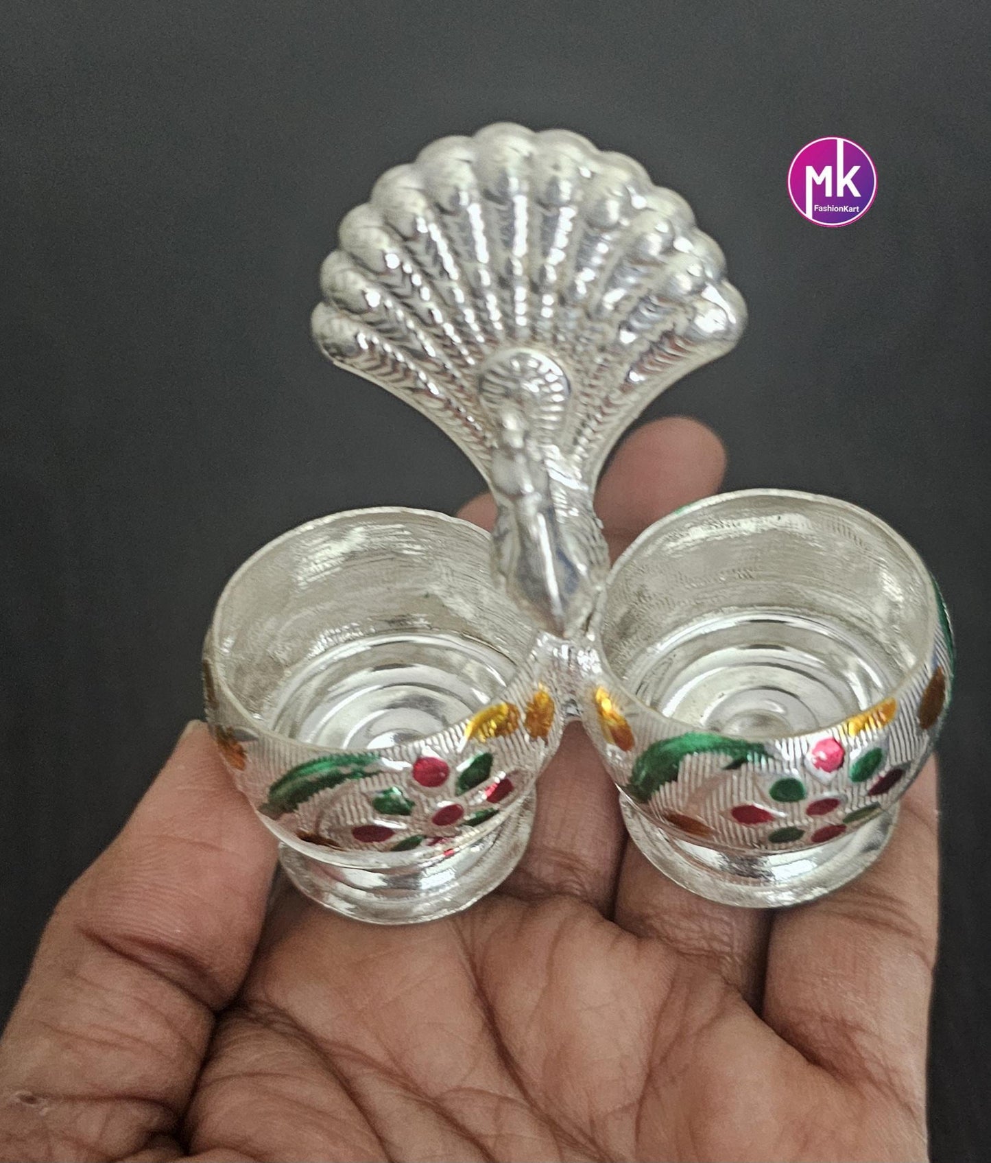 Peacock design German Silver Meenakari work Haldi Kumkum holder for House warming Gift, Pooja return gift - MK Fashionkart