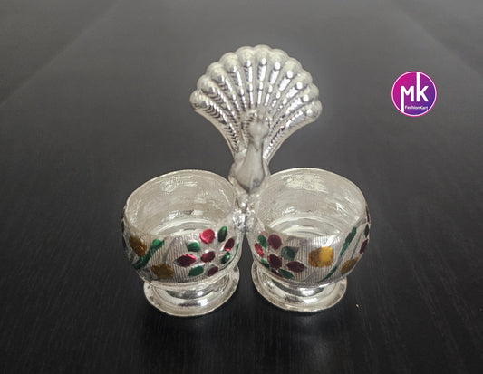 Peacock design German Silver Meenakari work Haldi Kumkum holder for House warming Gift, Pooja return gift - MK Fashionkart