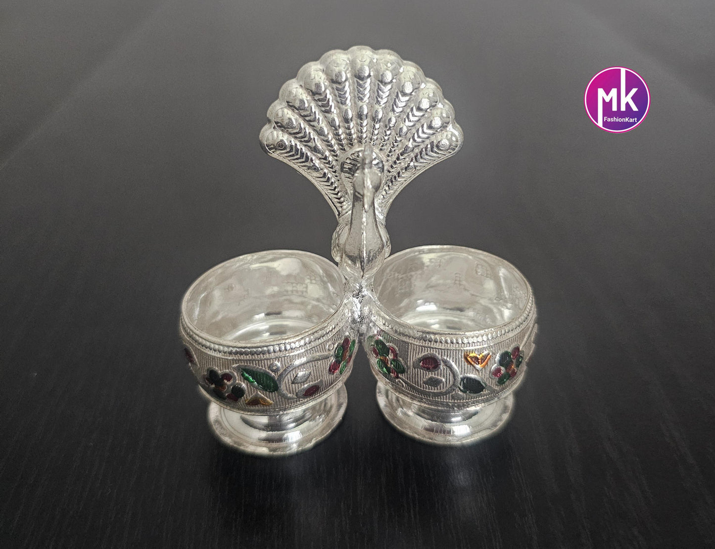Peacock design German Silver Meenakari work Haldi Kumkum holder for House warming Gift, Pooja return gift - MK Fashionkart
