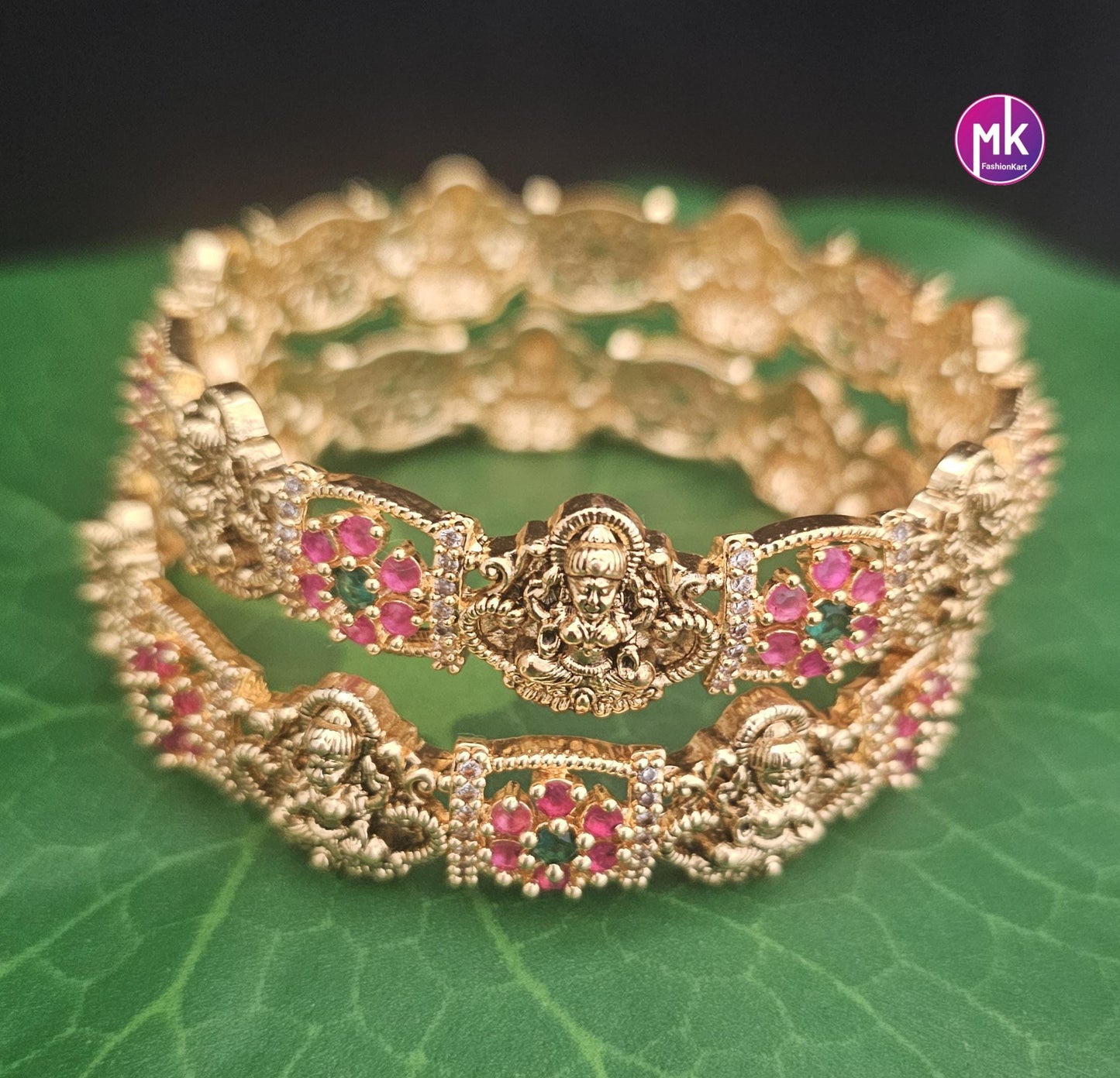 Premium Lakshmi AD and CZ Stone Matte gold finish flower type bangles - Set of 2 bangles - Size 2.6 - Fashion Jewelry - MK Fashionkart