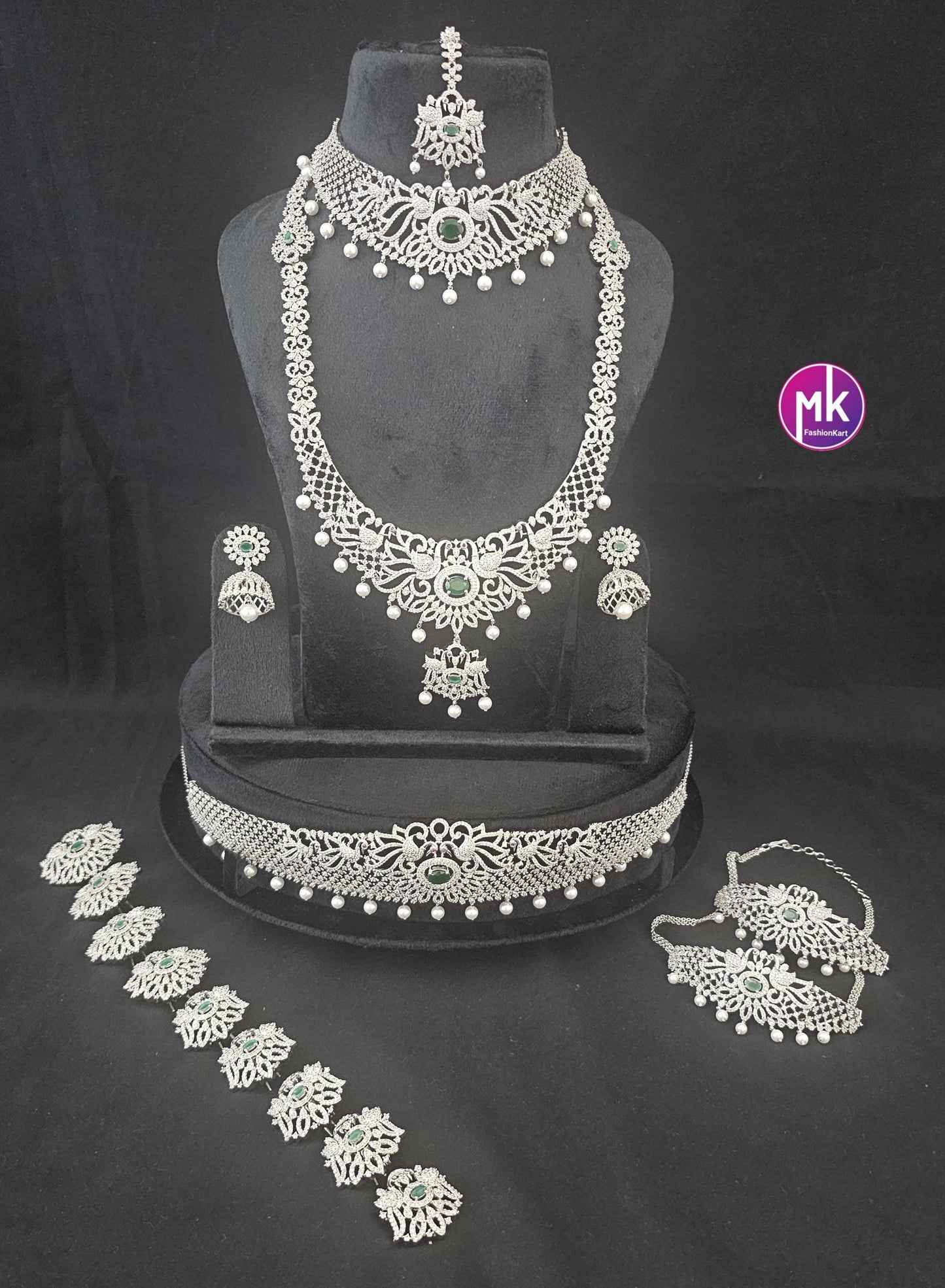 Celebrity Style Premium quality Emerald CZ/AD stone Jewelry - Bridal Combo set Wedding/Baby shower/Housewarming - MK Fashionkart