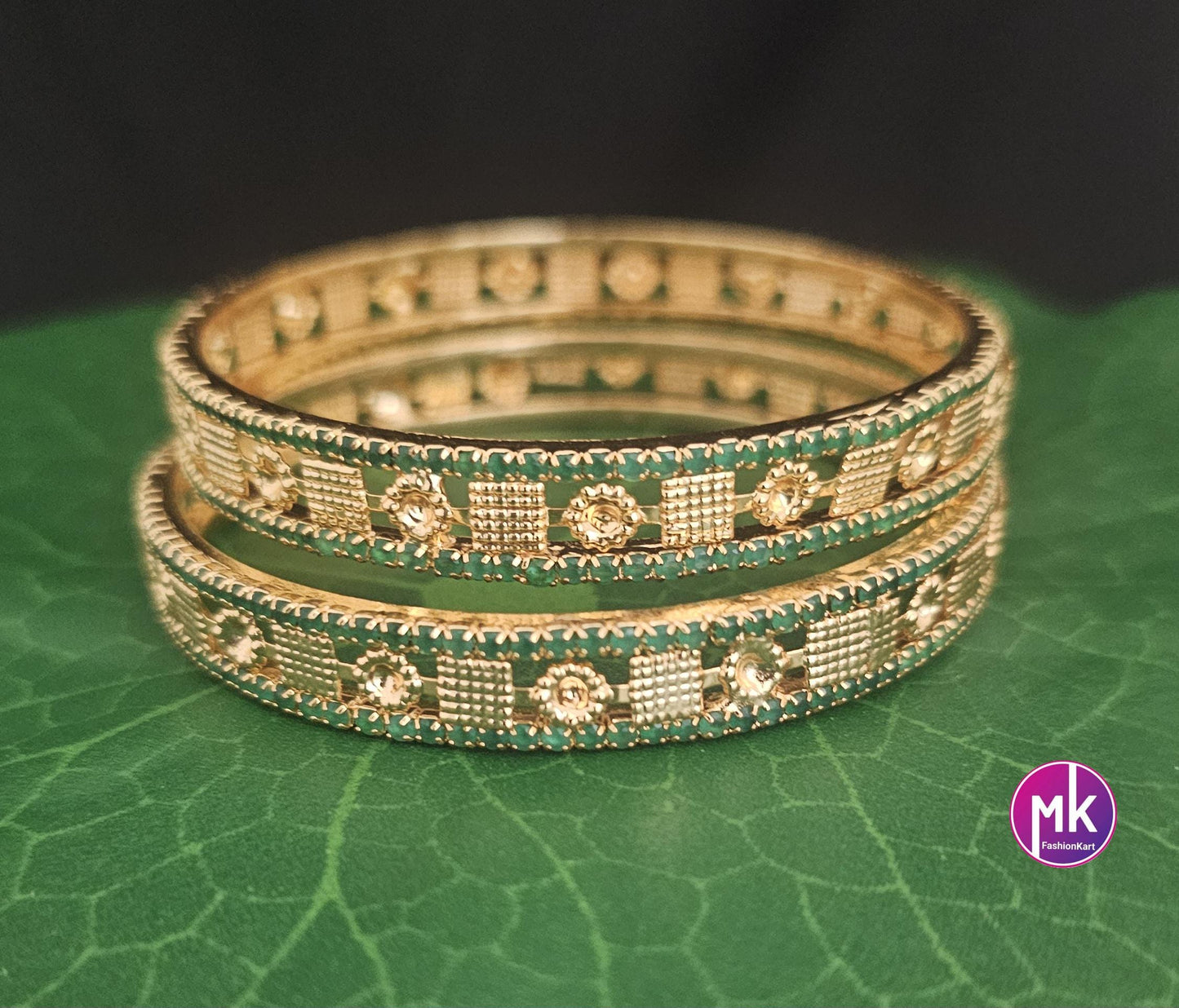 Premium Quality AD Green stone Gold finish Stone Bangles - Set of 2 bangles - Size 2.4 and 2.8 - Fashion Jewelry - MK Fashionkart