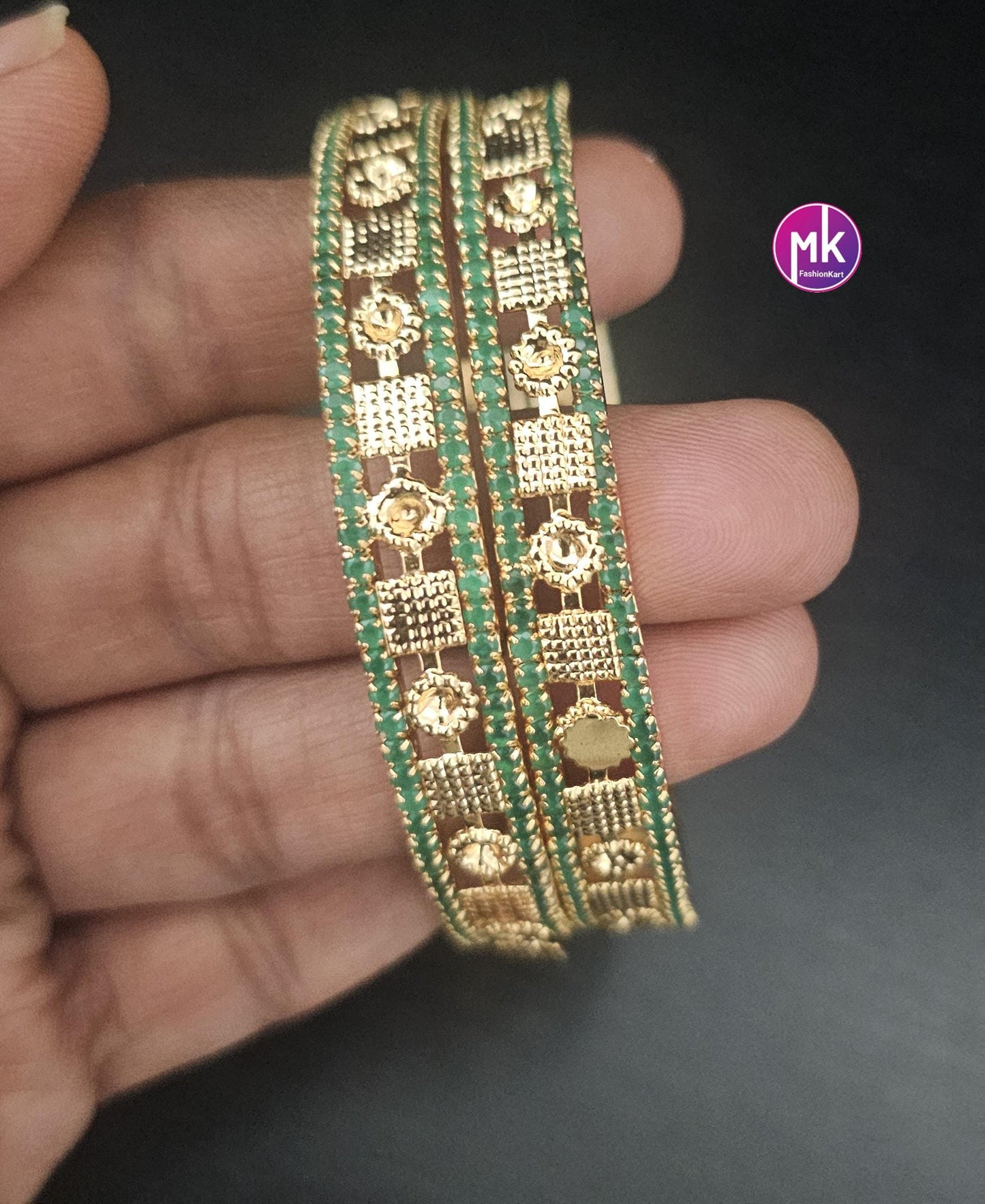 Premium Quality AD Green stone Gold finish Stone Bangles - Set of 2 bangles - Size 2.4 and 2.8 - Fashion Jewelry - MK Fashionkart