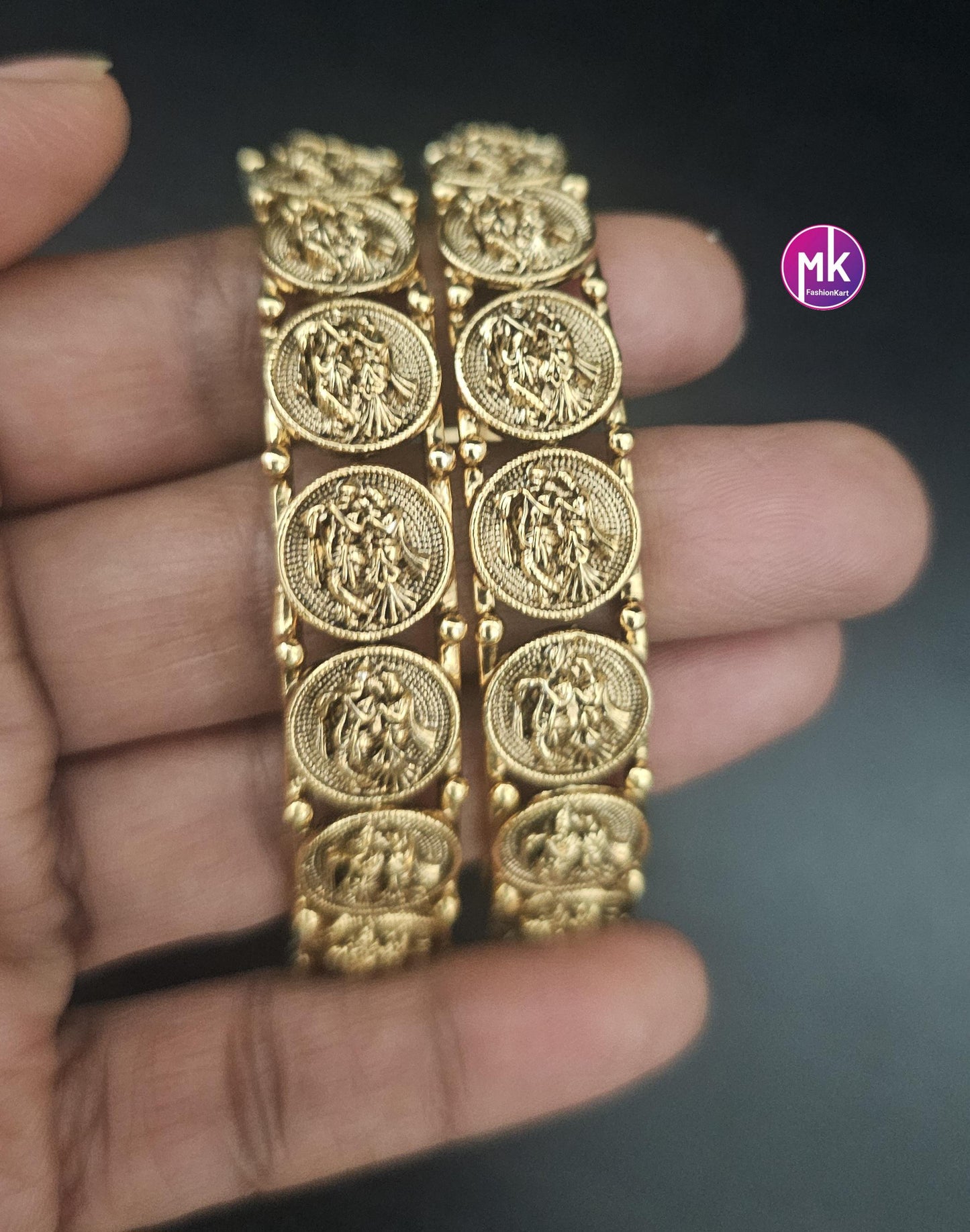 Radha Krishna premium quality Antique gold finish bangles - Set of 2 bangles - Size 2.6 and 2.8 - Fashion Jewelry - MK Fashionkart