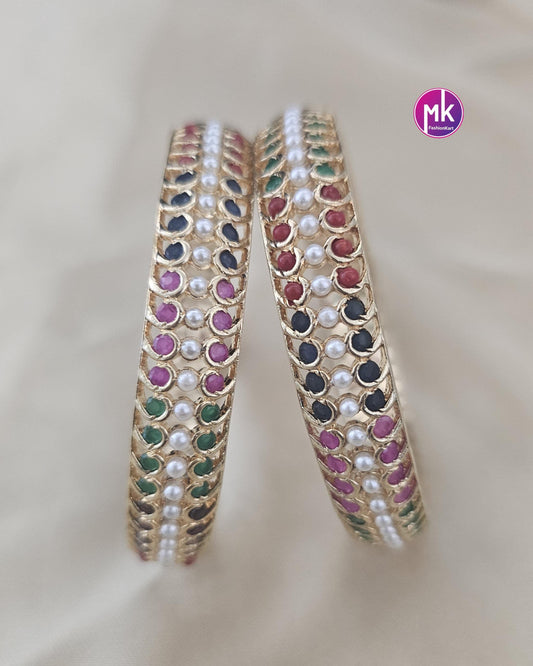 Hyderabad Pearl with AD stone premium gold finish Bangles - Set of 2 bangles - Size 2.6 and 2.8 - Fashion Jewelry - MK Fashionkart