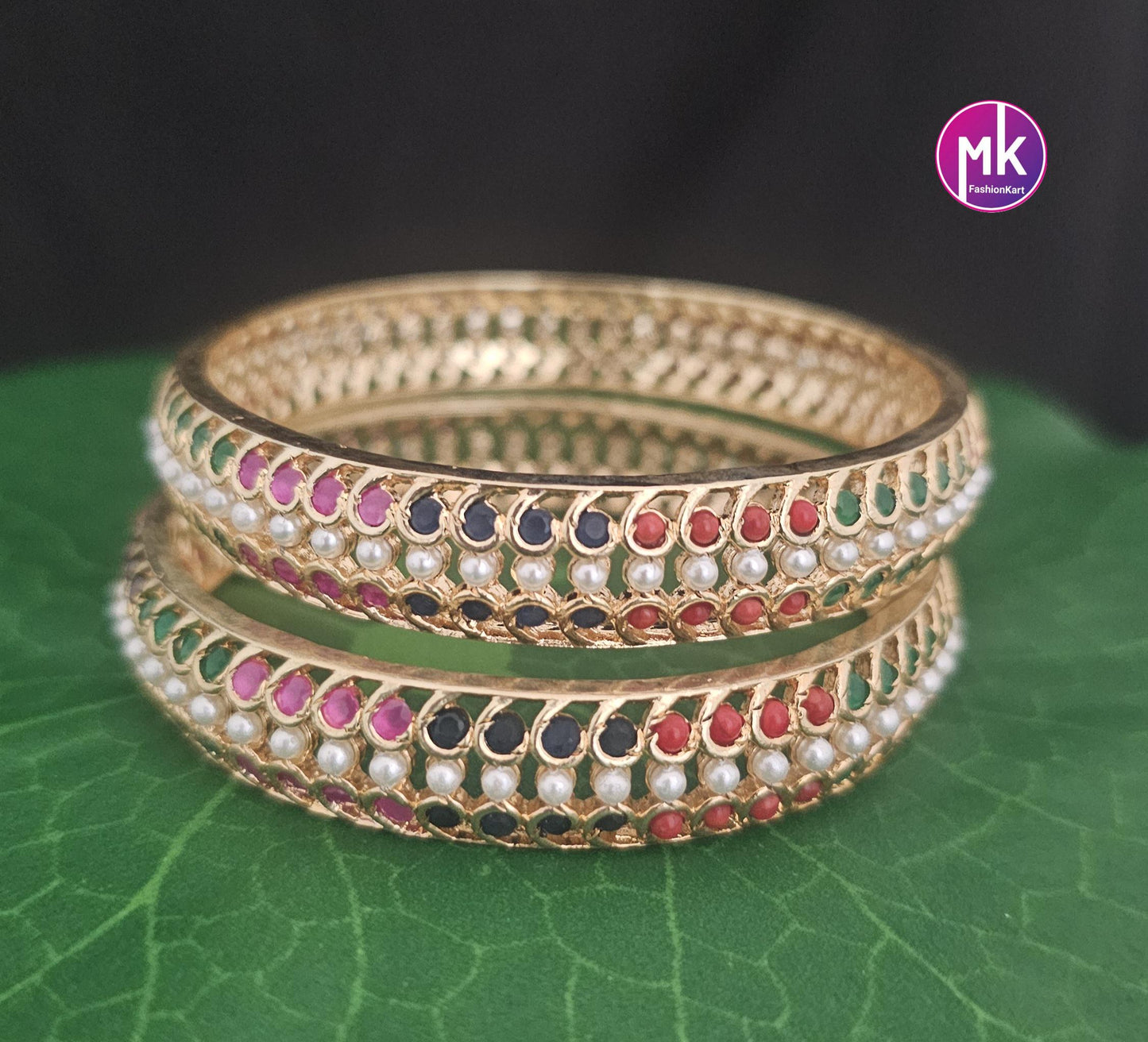 Hyderabad Pearl with AD stone premium gold finish Bangles - Set of 2 bangles - Size 2.6 and 2.8 - Fashion Jewelry - MK Fashionkart