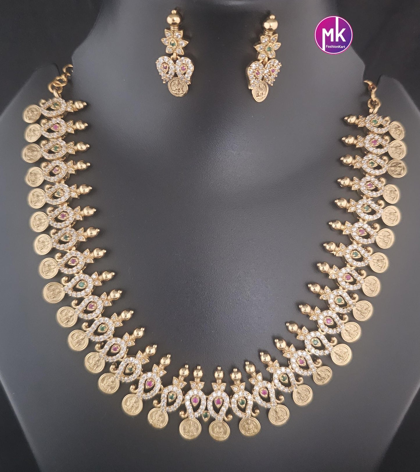 Lakshmi Mango design Premium Quality AD/CZ Stone Matte finish Necklace with Beautiful Earrings - MK Fashionkart - Fashion Jewelry