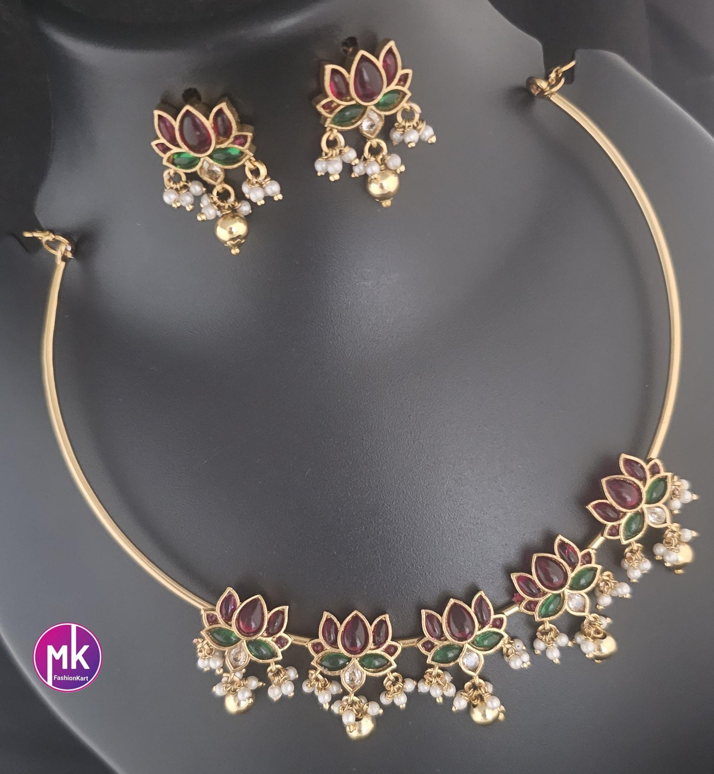 Premium Quality Matte finish Kemp stone Lotus design Hasli Necklace w Beautiful Earrings - MK Fashionkart - Fashion Jewelry
