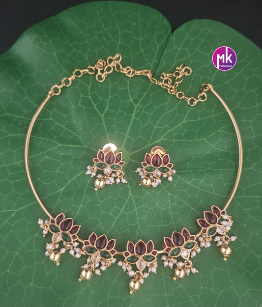 Premium Quality Matte finish Kemp stone Lotus design Hasli Necklace w Beautiful Earrings - MK Fashionkart - Fashion Jewelry