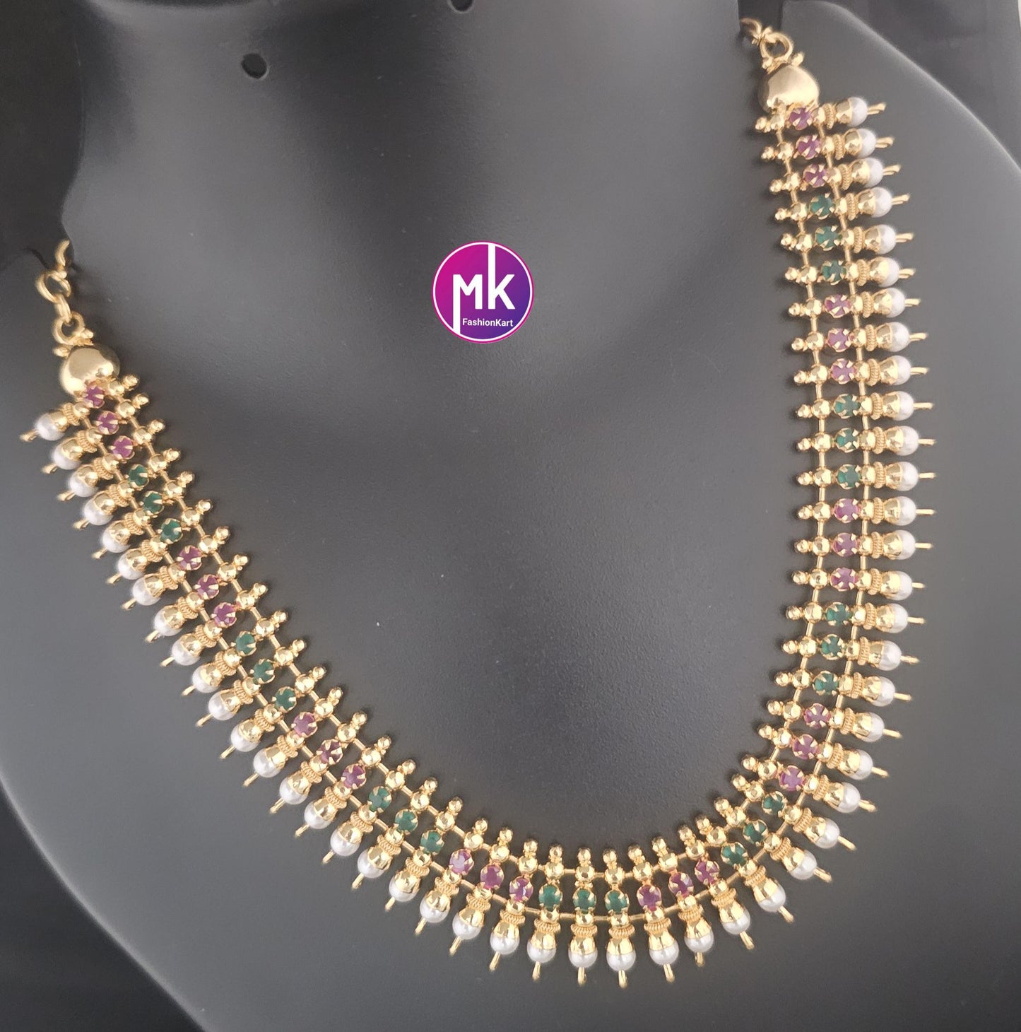 Traditional Indian Jewelry - Gold finish AD stone and pearl necklace - Adult cum Teen Necklace - Wedding Necklace - MK Fashionkart