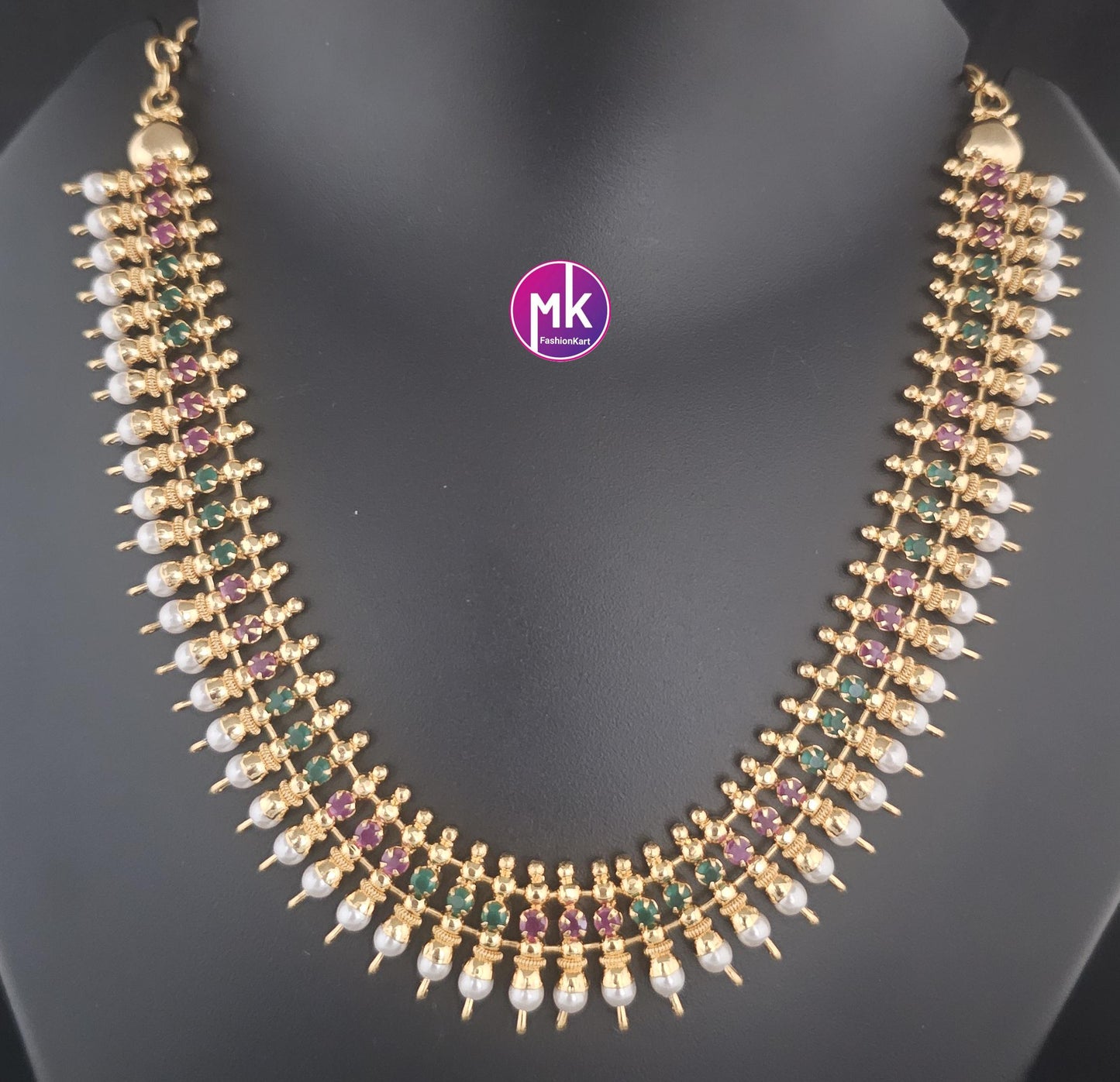 Traditional Indian Jewelry - Gold finish AD stone and pearl necklace - Adult cum Teen Necklace - Wedding Necklace - MK Fashionkart