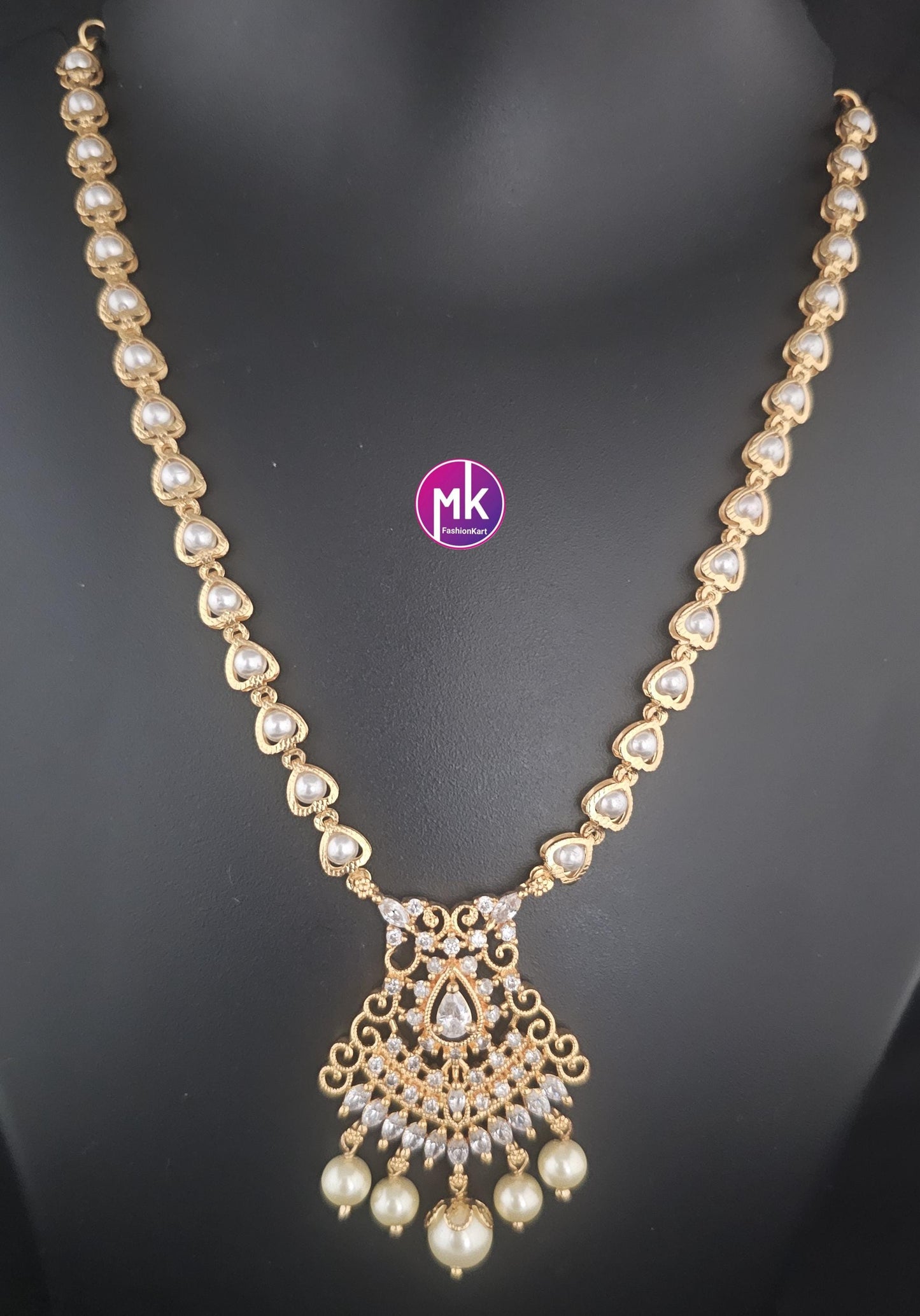 Gold finish Pearl AD stone Necklace - Adult cum Teen Necklace - Wedding Necklace - Fashion Jewelry - MK Fashionkart