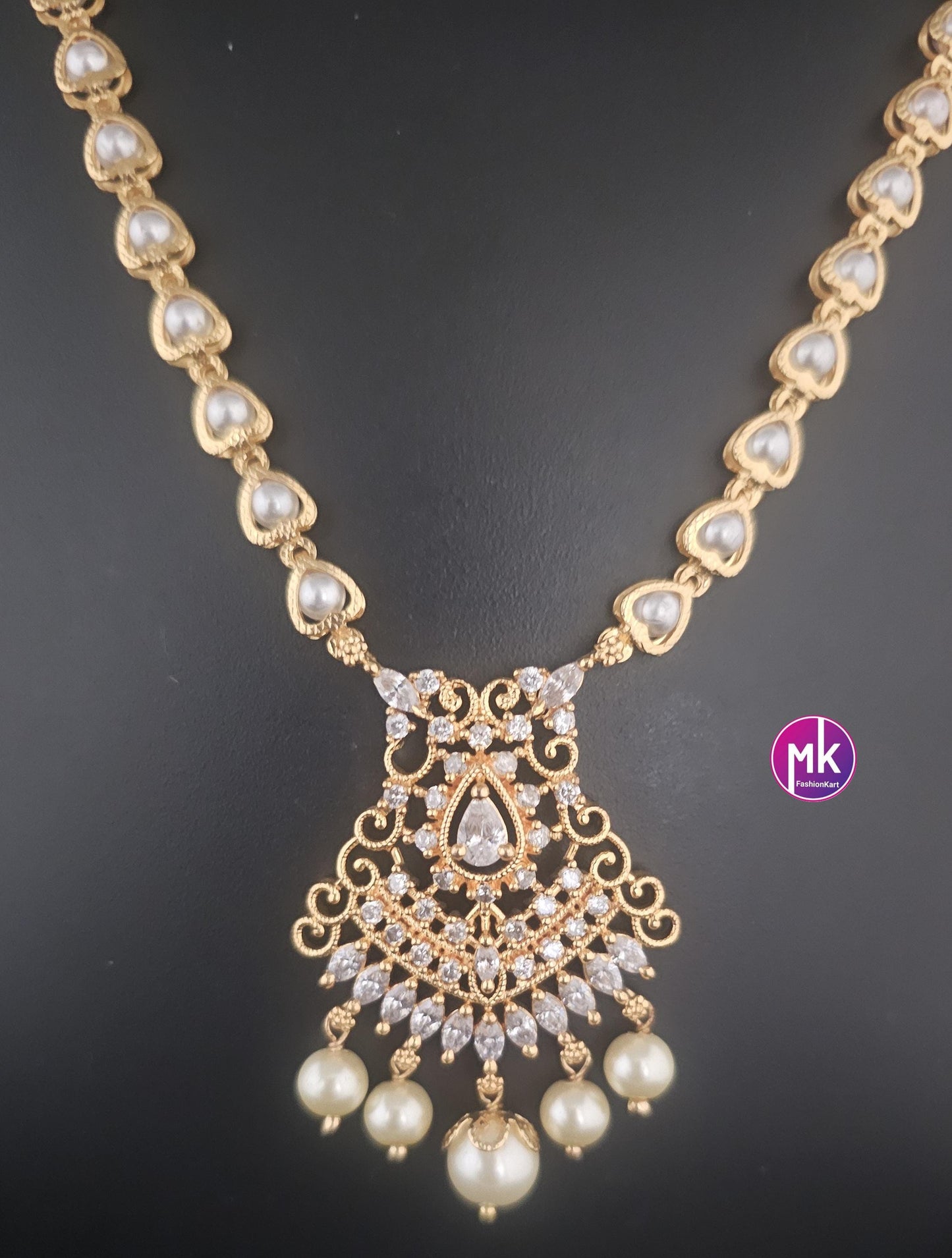 Gold finish Pearl AD stone Necklace - Adult cum Teen Necklace - Wedding Necklace - Fashion Jewelry - MK Fashionkart
