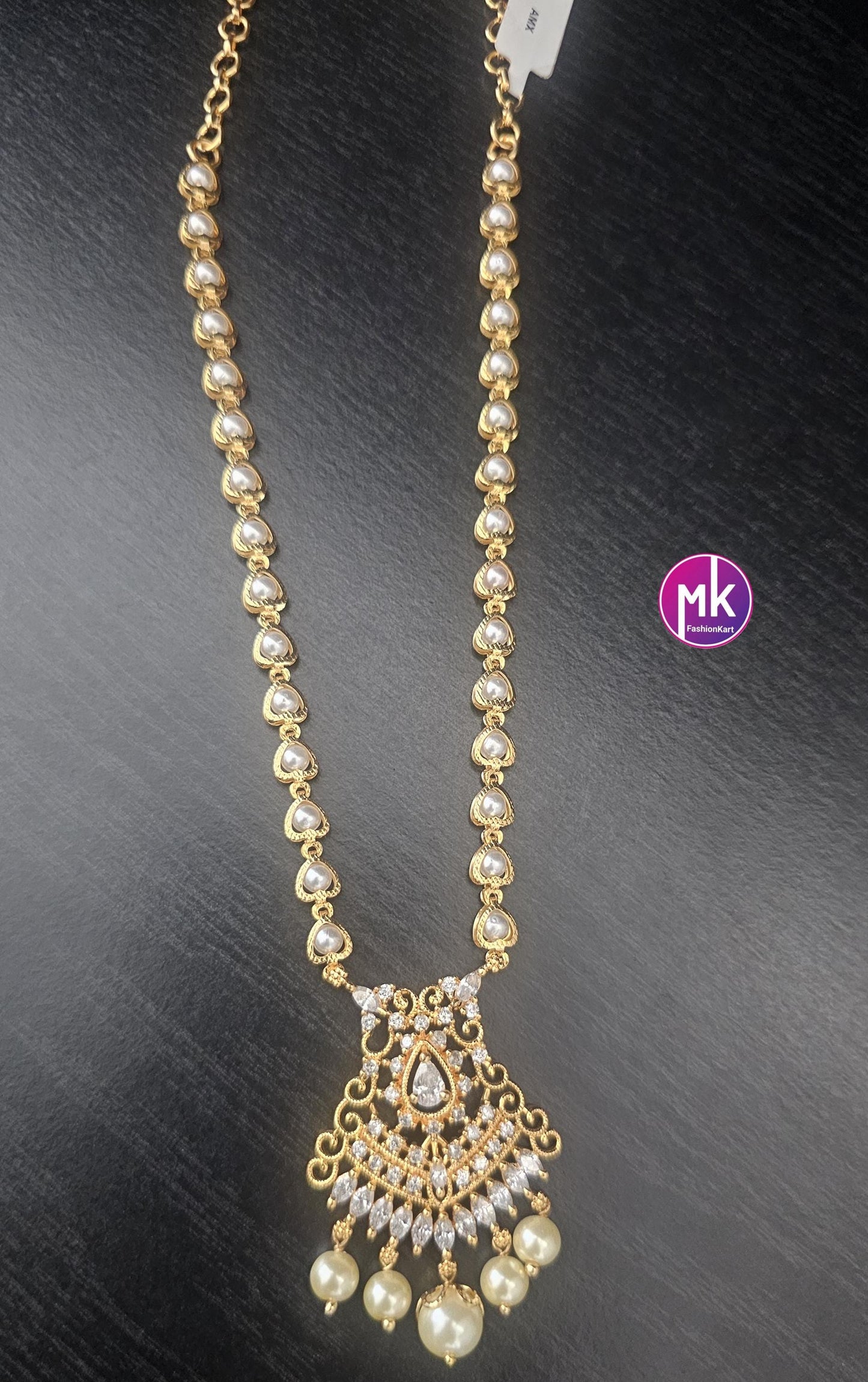 Gold finish Pearl AD stone Necklace - Adult cum Teen Necklace - Wedding Necklace - Fashion Jewelry - MK Fashionkart