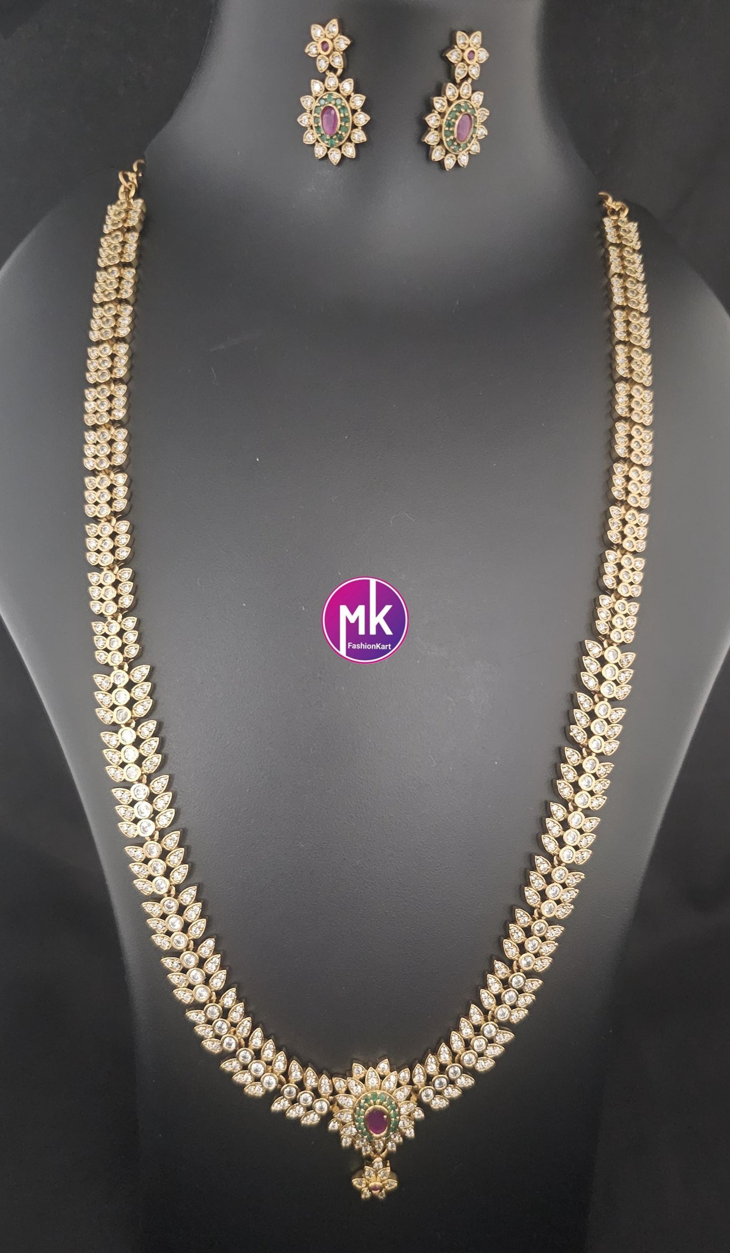 Premium Matte gold finish AD stone Haram with matching Earrings - Wedding Haram - Traditional Jewelry - Fashion Jewelry - MK Fashionkart