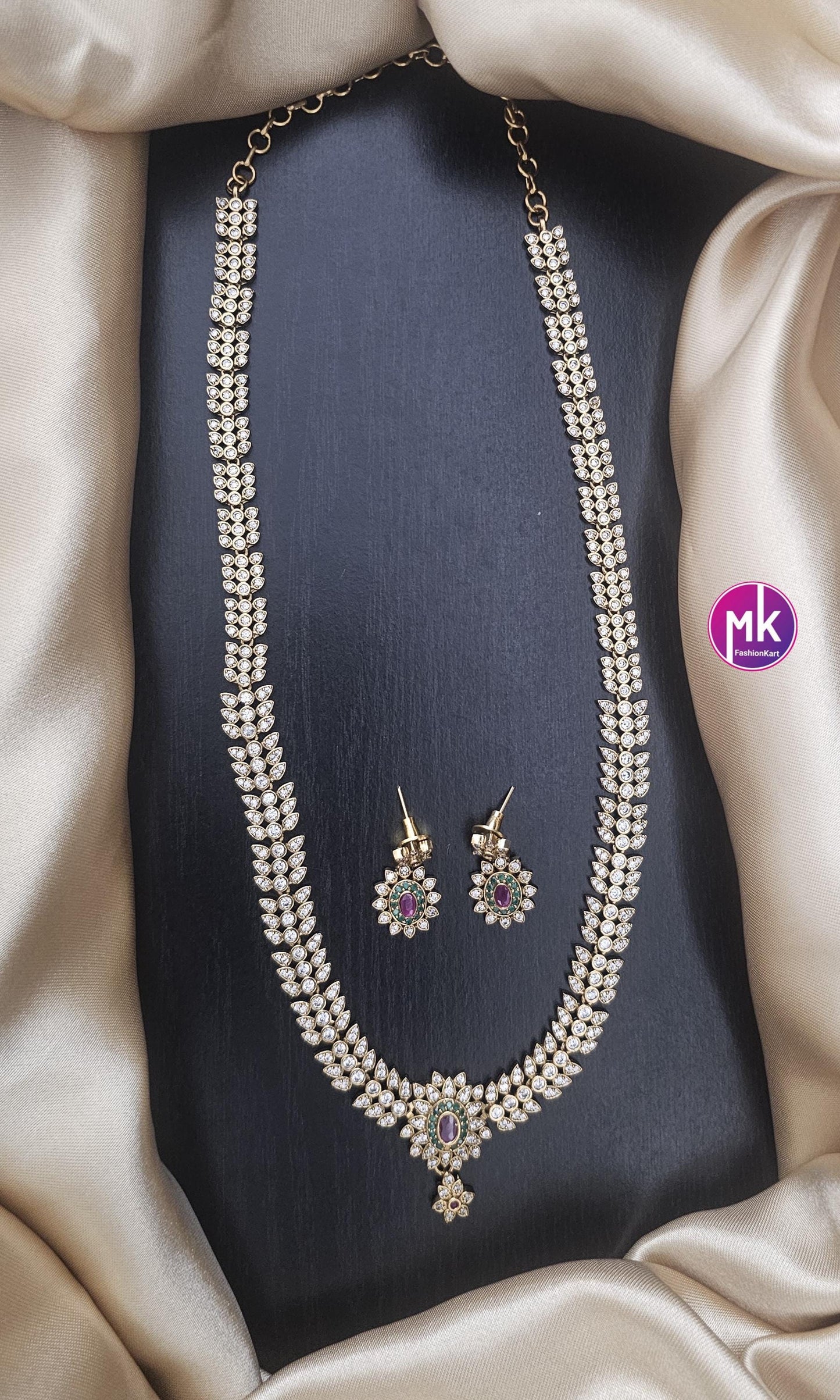 Premium Matte gold finish AD stone Haram with matching Earrings - Wedding Haram - Traditional Jewelry - Fashion Jewelry - MK Fashionkart
