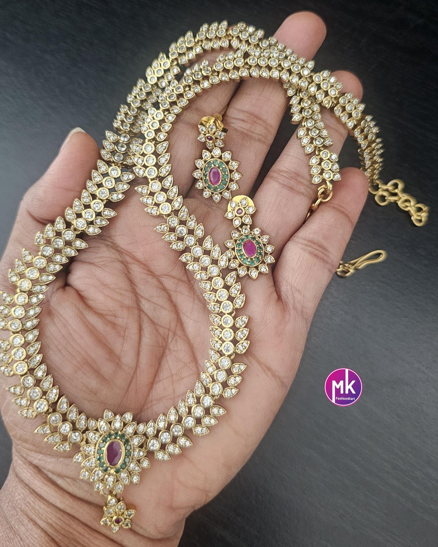 Premium Matte gold finish AD stone Haram with matching Earrings - Wedding Haram - Traditional Jewelry - Fashion Jewelry - MK Fashionkart