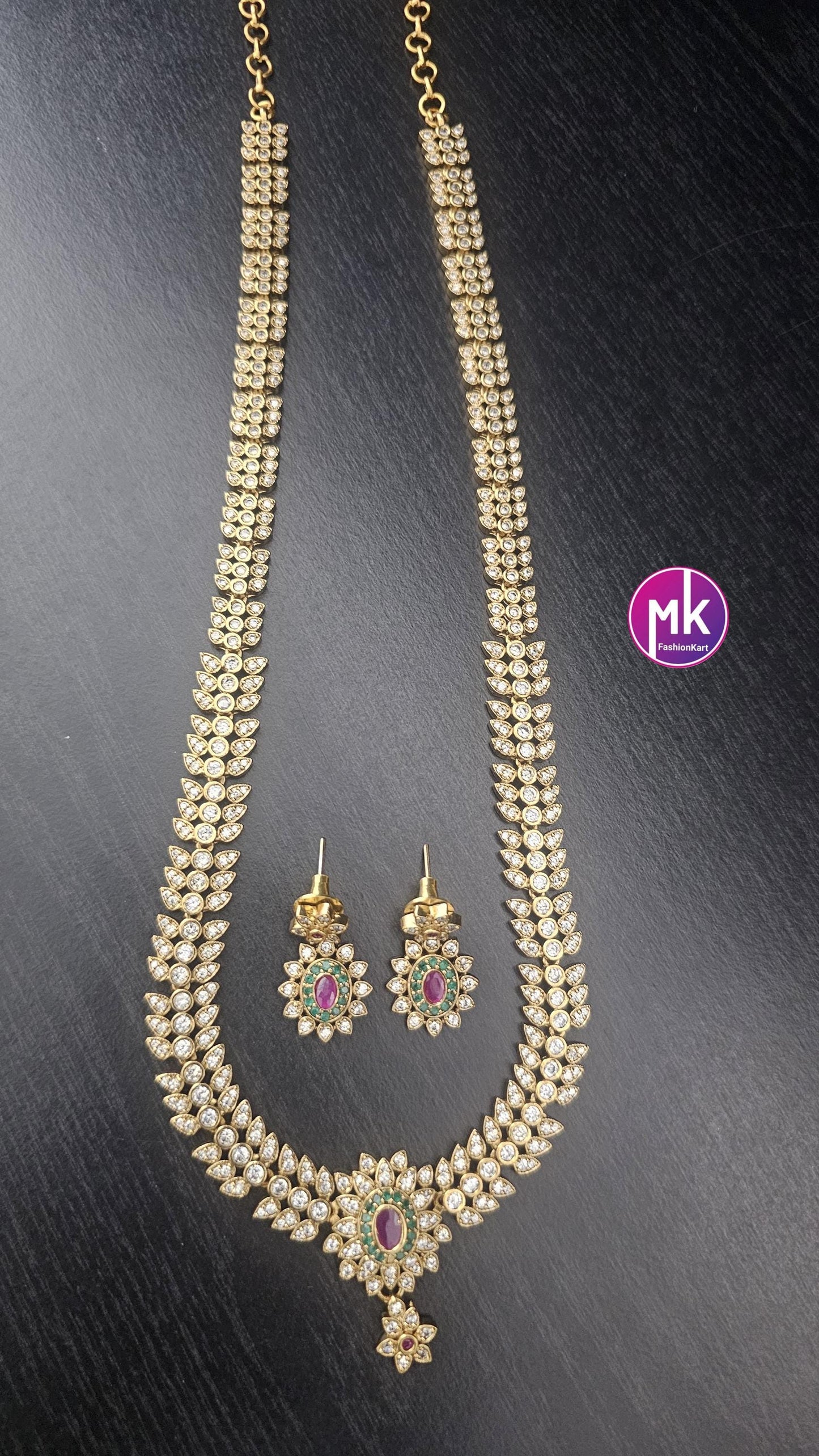 Premium Matte gold finish AD stone Haram with matching Earrings - Wedding Haram - Traditional Jewelry - Fashion Jewelry - MK Fashionkart