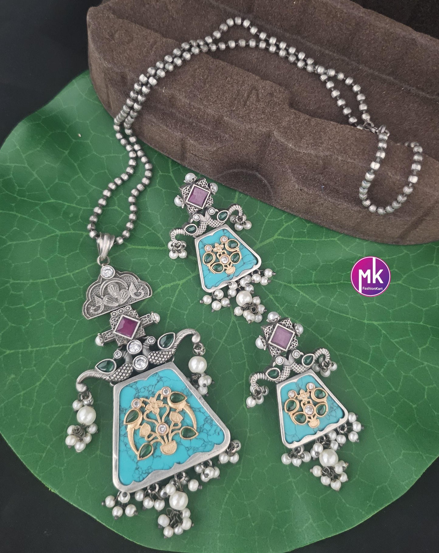Celebrity Style Premium Quality oxidized Silver finish long chain with big pendent and matching Earrings - Fashion Jewelry - MK Fashionkart