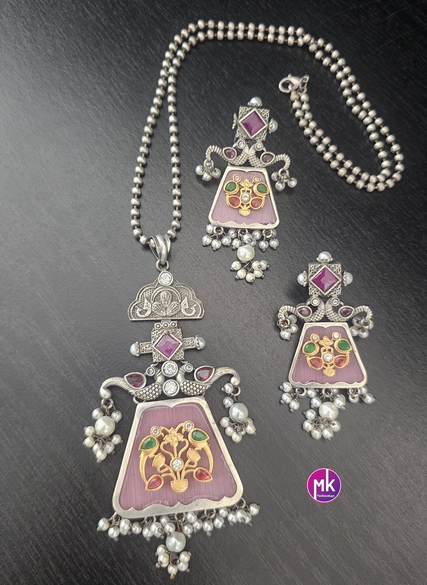 Celebrity Style Premium Quality oxidized Silver finish long chain with big pendent and matching Earrings - Fashion Jewelry - MK Fashionkart