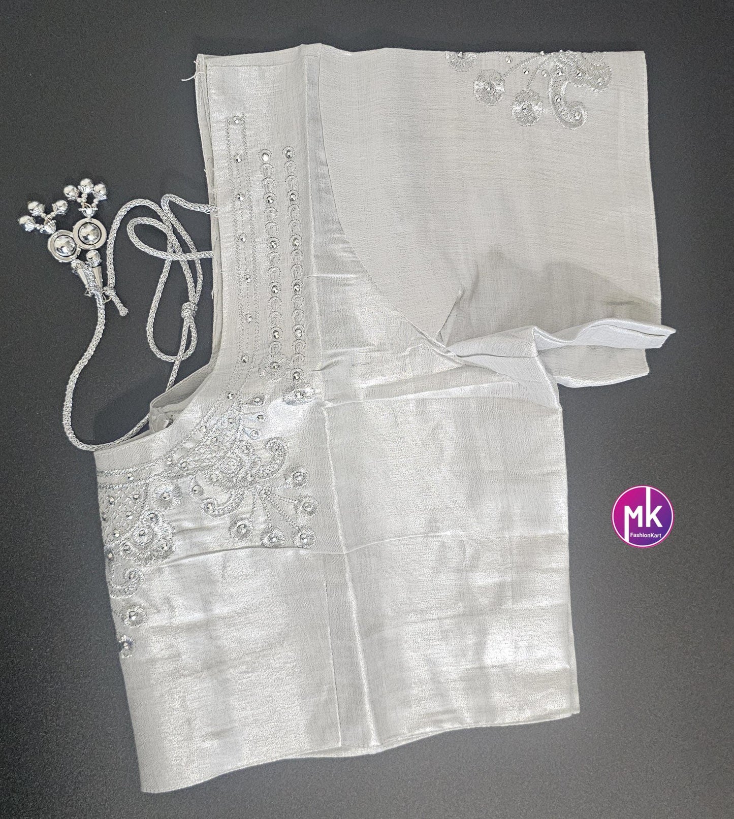 Silver Color Readymade Saree Blouse - Silk with Embroidery blouse - Size 42 - Saree/Lehenga Blouse - MK Fashionkart