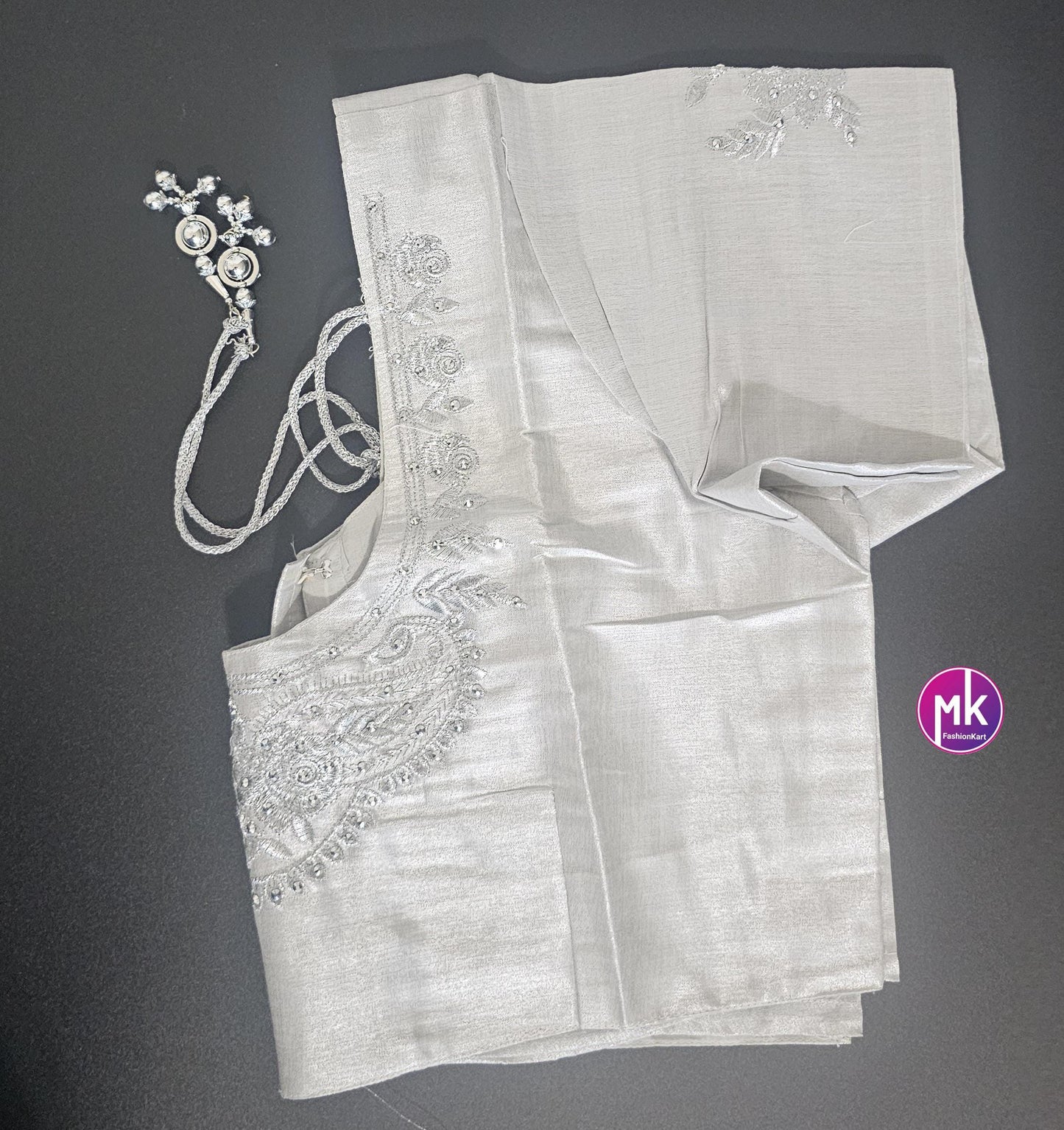 Silver Color Readymade Saree Blouse - Silk with Embroidery blouse - Size 42 - Saree/Lehenga Blouse - MK Fashionkart