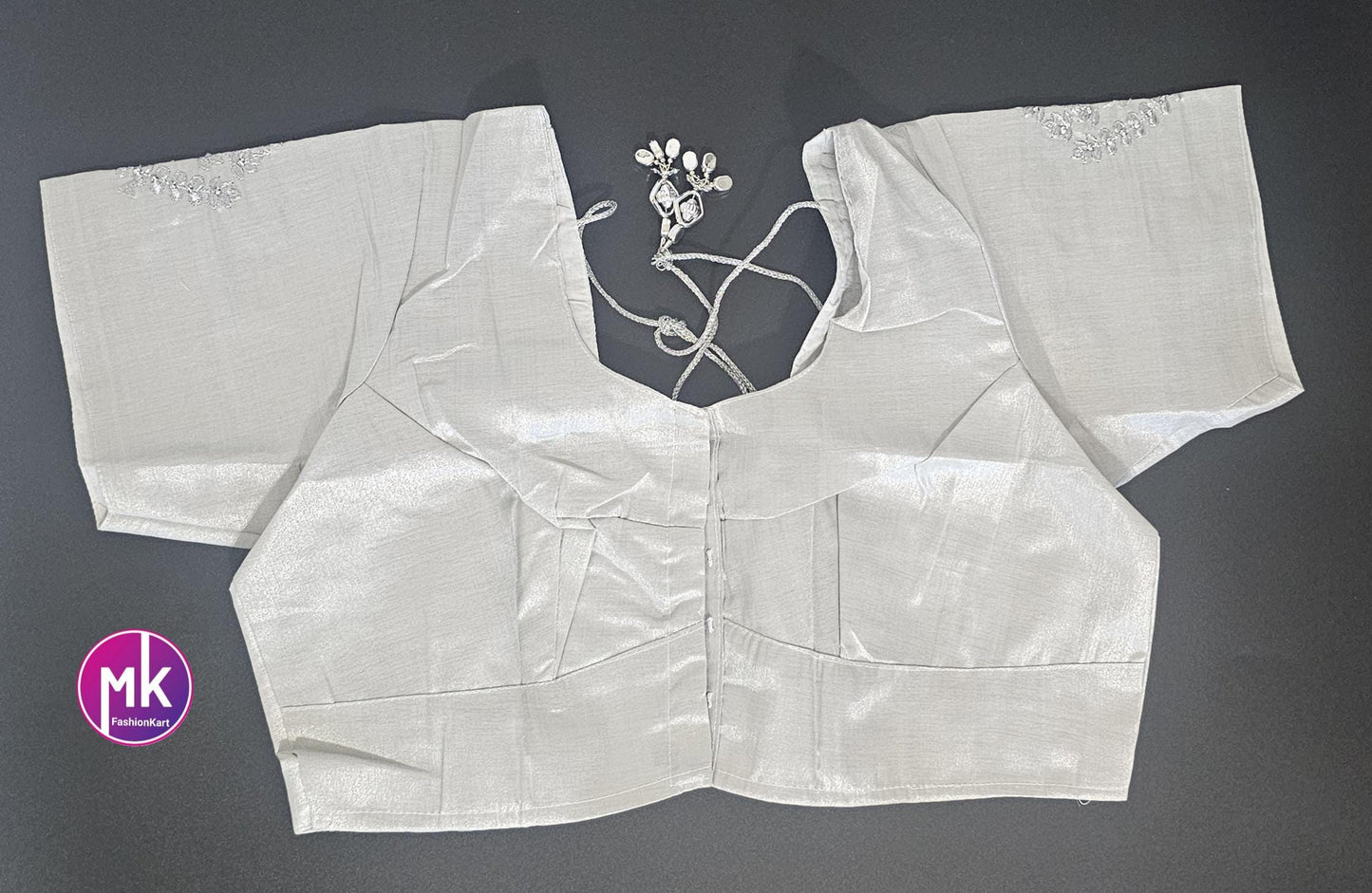 Silver Color Readymade Saree Blouse - Silk with Embroidery blouse - Size 44 - Saree/Lehenga Blouse - MK Fashionkart