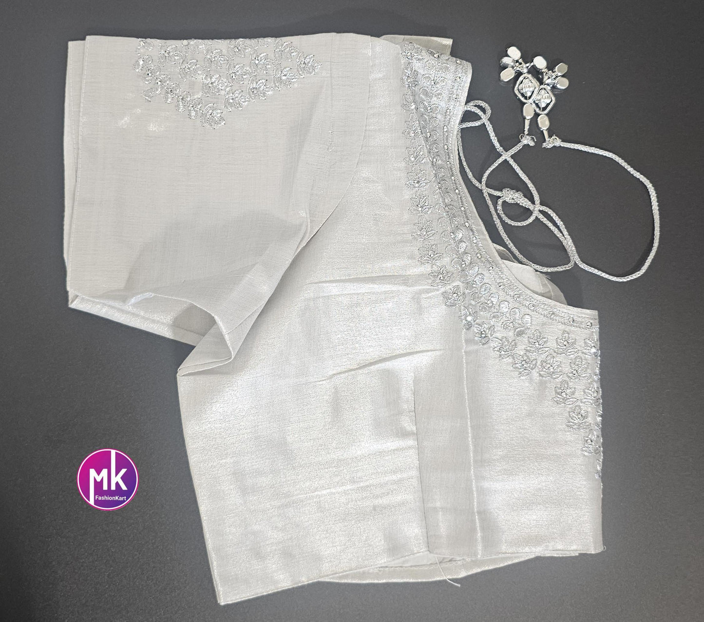 Silver Color Readymade Saree Blouse - Silk with Embroidery blouse - Size 44 - Saree/Lehenga Blouse - MK Fashionkart