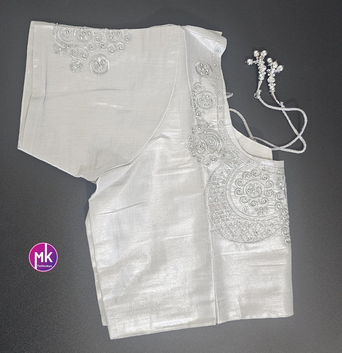 Silver Color Readymade Saree Blouse - Silk with Embroidery blouse - Size 44 - Saree/Lehenga Blouse - MK Fashionkart