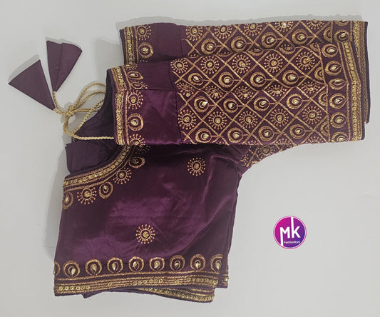 Readymade Saree Blouse - Silk base Dark Purple color floral Embroidery Blouses for Saree/Lehenga - Size 38" - MK Fashionkart