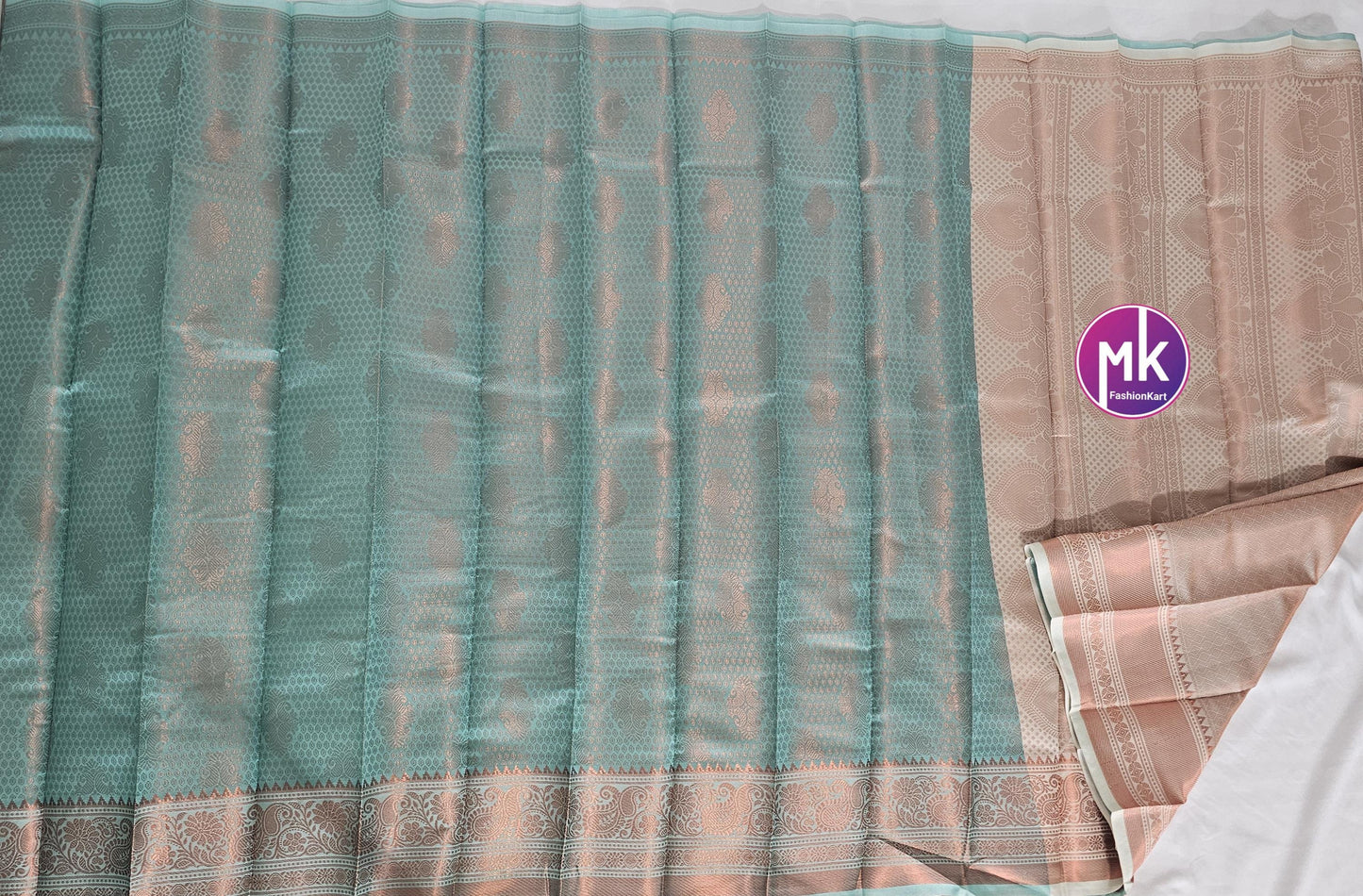 Flower designed Fancy Silk Teel green color saree with Running blouse - Saree with running blouse - Partywear Saree - MK Fashionkart