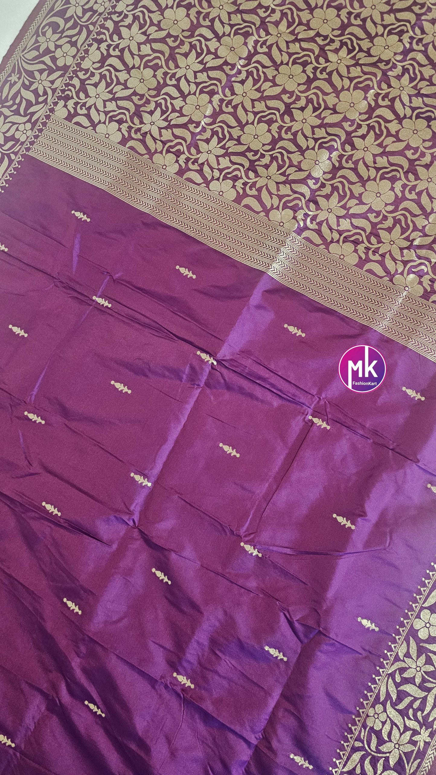 Purple and Black Color Beautiful pure Katan Silk Banarasi Soft Silk Saree w Golden border with running blouse (unstitched) - MK Fashionkart