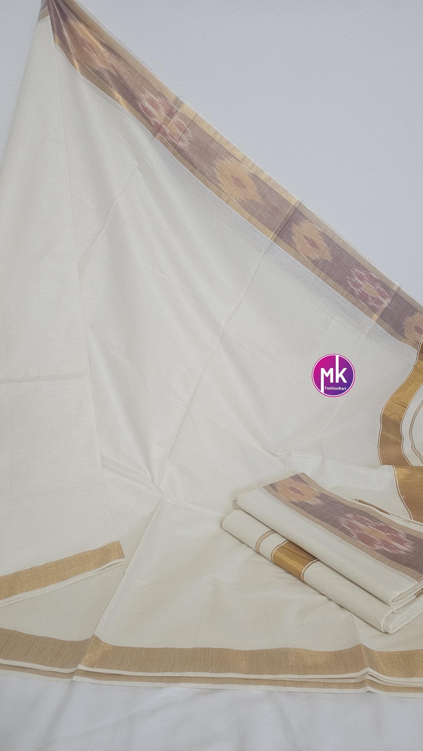 Traditional Pochampally border Kerala Kasavu cotton Saree - Poojaja Saree from kerala - Stylish cotton Saree for all season - MK Fashionkart