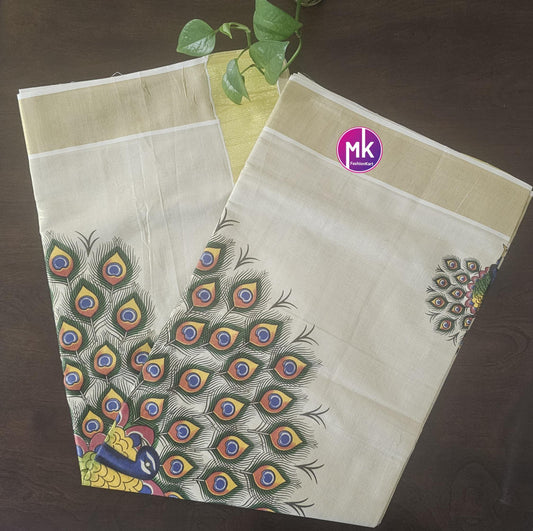 Traditional Peacock/Elephant Golden Tissue Kerala Kasavu Silk Saree - Pooja Saree from Kerala - Cotton Saree for all Season - MK Fashionkart