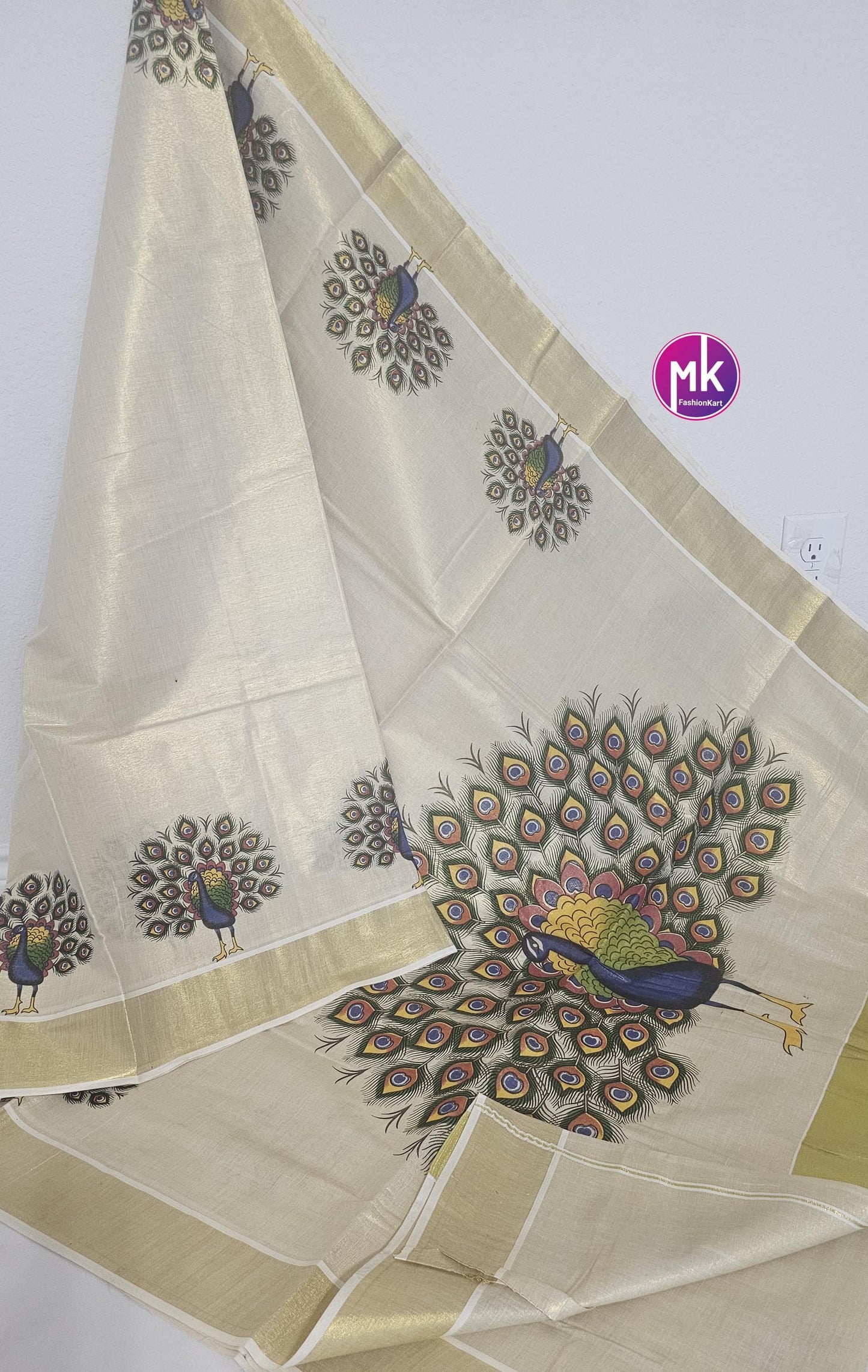 Traditional Peacock/Elephant Golden Tissue Kerala Kasavu Silk Saree - Pooja Saree from Kerala - Cotton Saree for all Season - MK Fashionkart