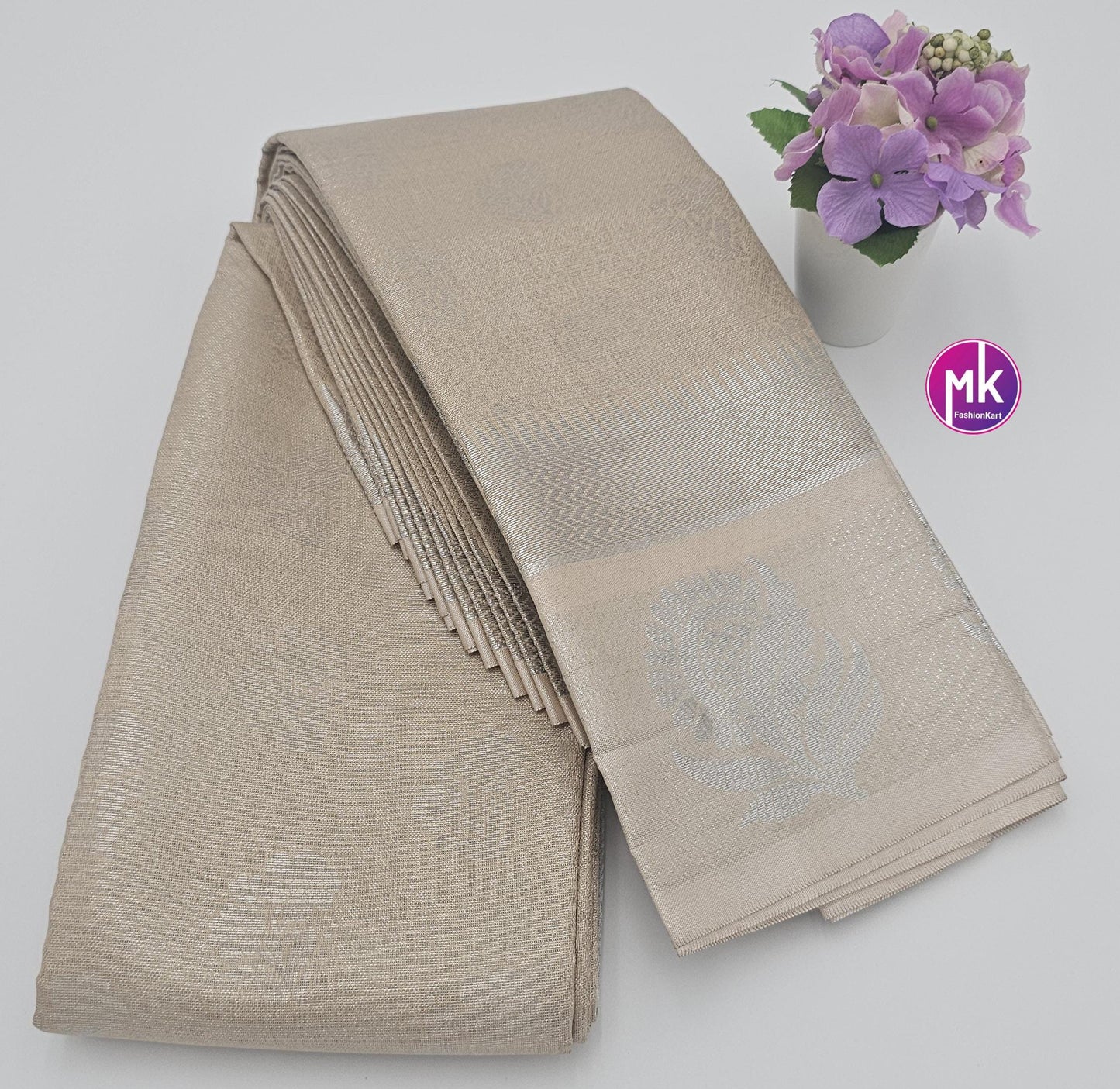 Flower designed Fancy Silk Berge with Silver color saree with Running blouse - Saree with running blouse - Partywear Saree - MK Fashionkart