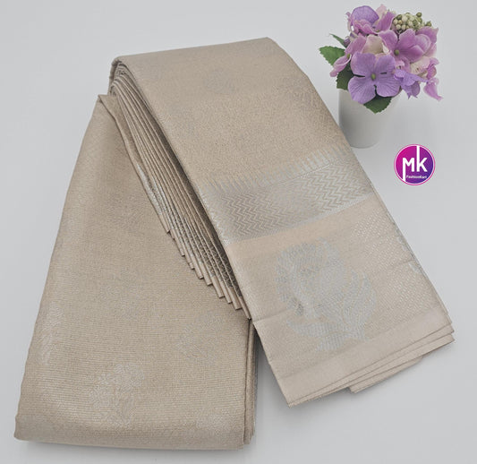 Flower designed Fancy Silk Berge with Silver color saree with Running blouse - Saree with running blouse - Partywear Saree - MK Fashionkart