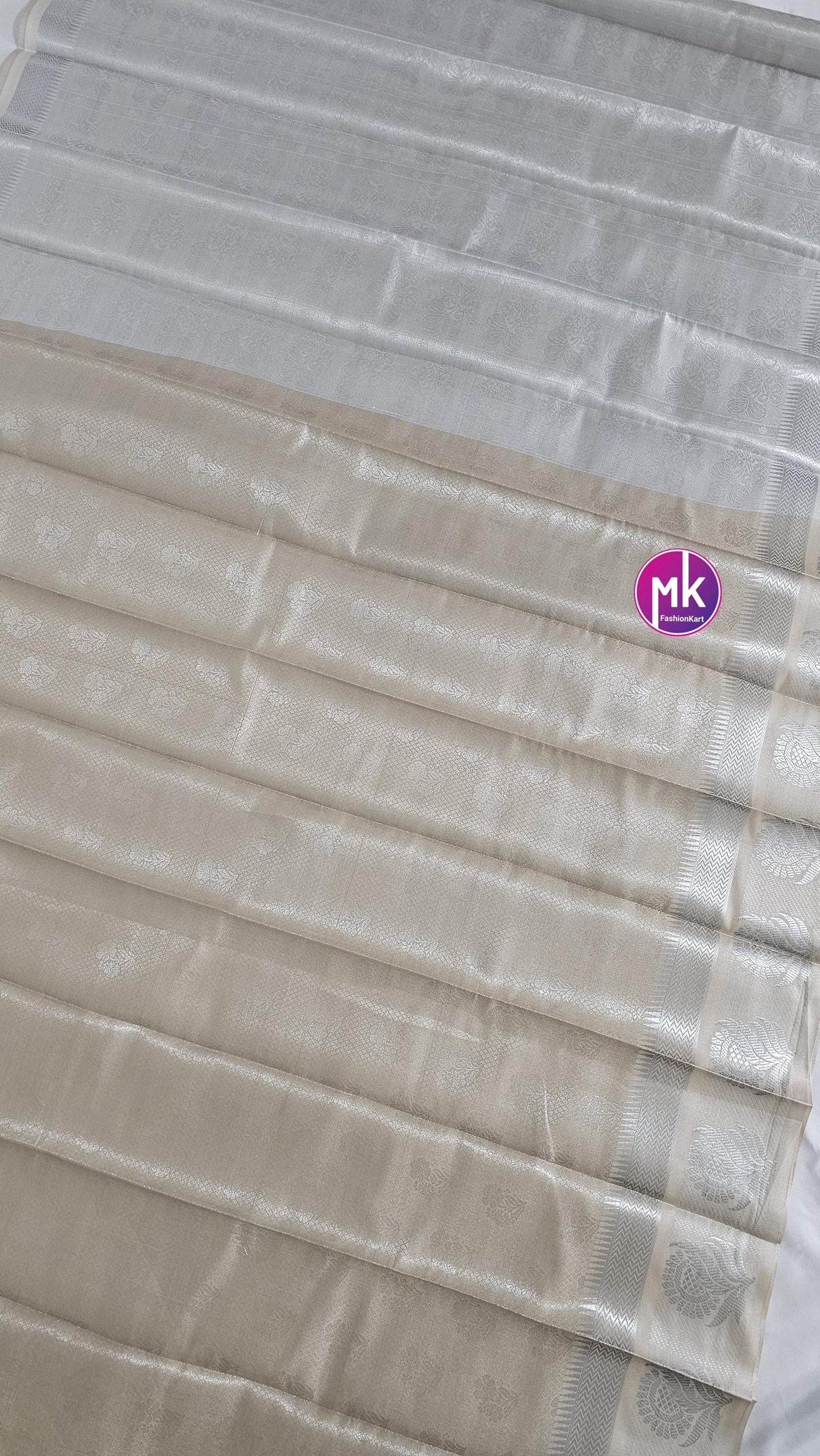 Flower designed Fancy Silk Berge with Silver color saree with Running blouse - Saree with running blouse - Partywear Saree - MK Fashionkart