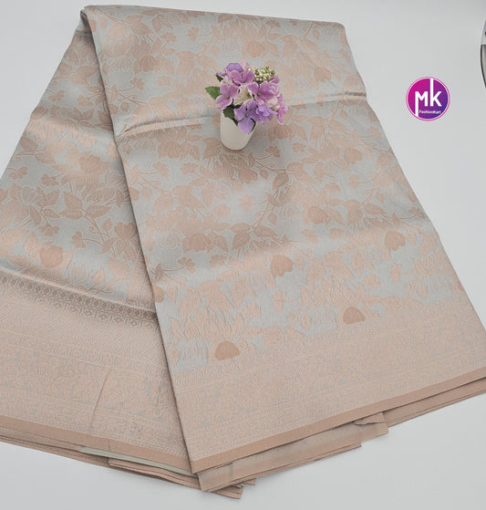 Flower and leafy designed Fancy Tissue Silk Pastel Gray with Silver color saree with Running blouse - Partywear Saree - MK Fashionkart