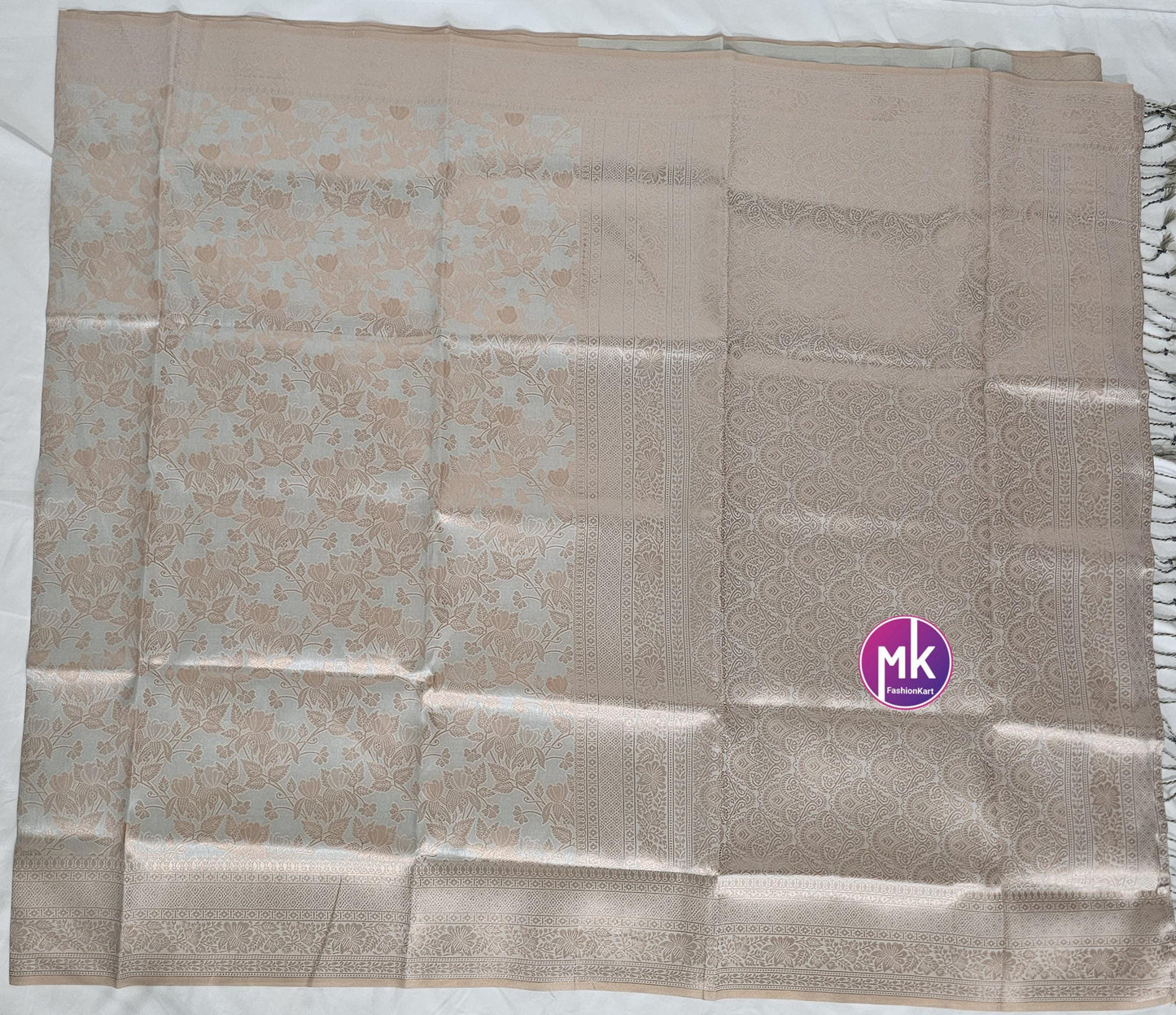 Flower and leafy designed Fancy Tissue Silk Pastel Gray with Silver color saree with Running blouse - Partywear Saree - MK Fashionkart