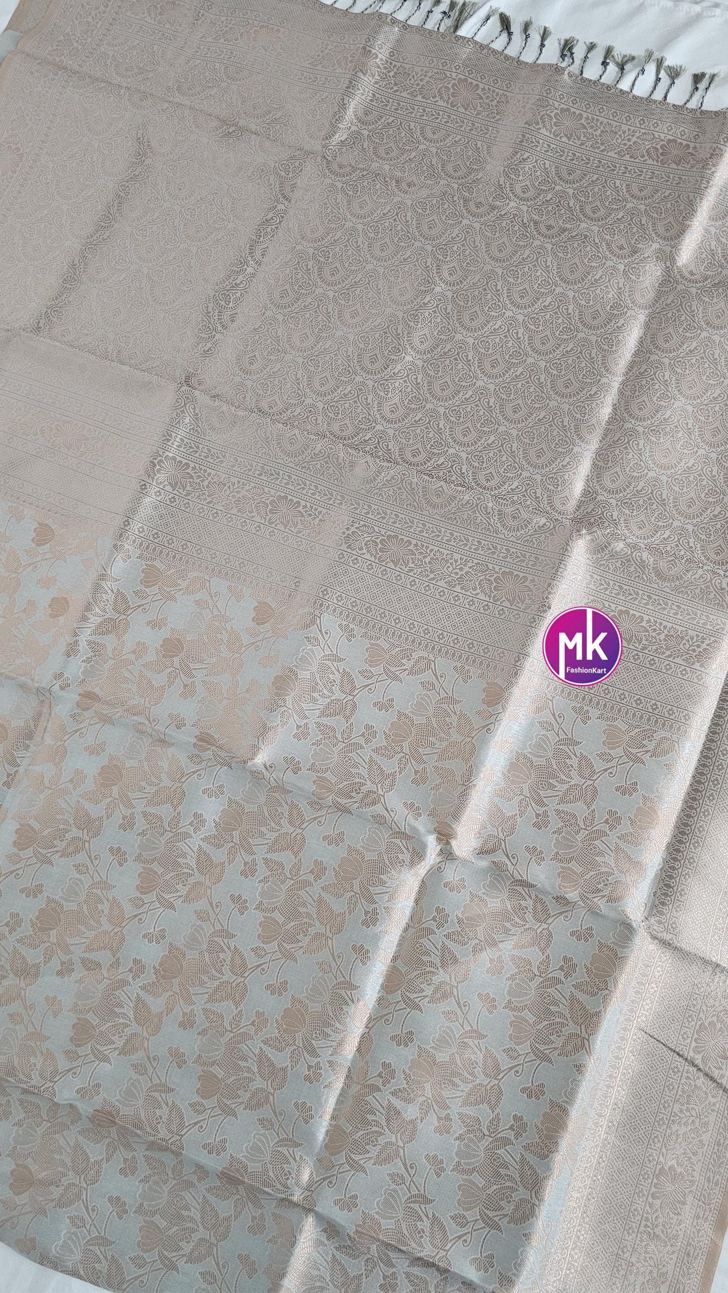 Flower and leafy designed Fancy Tissue Silk Pastel Gray with Silver color saree with Running blouse - Partywear Saree - MK Fashionkart