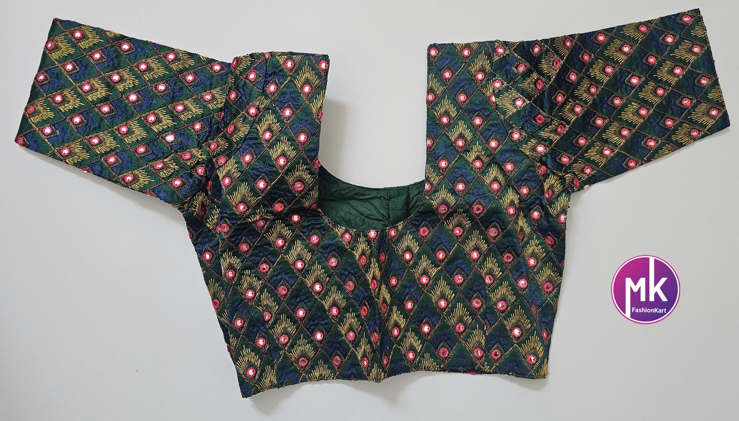 Readymade Saree Blouse - Peacock Feather design Blouse with mirror work - Saree/Lehenga blouse - Size 36", 38", 40" - MK Fashionkart