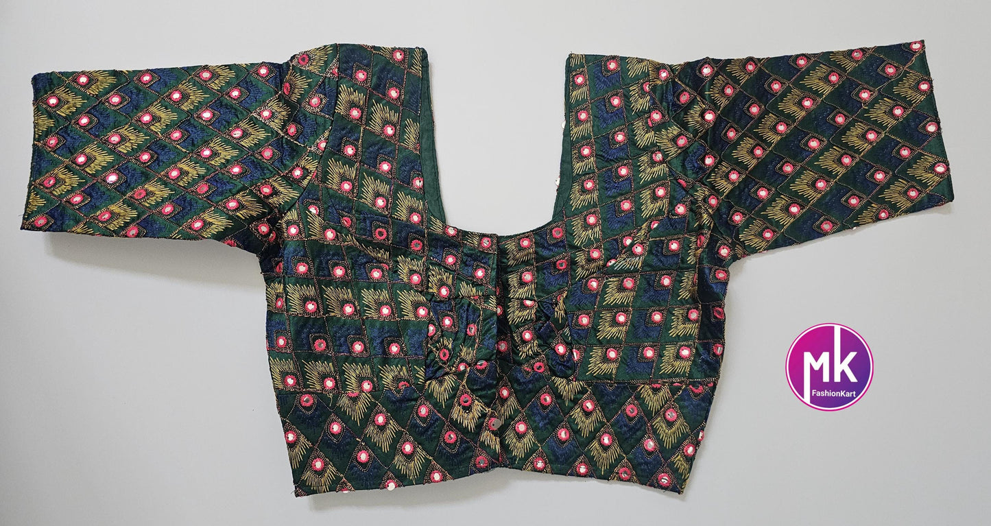 Readymade Saree Blouse - Peacock Feather design Blouse with mirror work - Saree/Lehenga blouse - Size 36", 38", 40" - MK Fashionkart