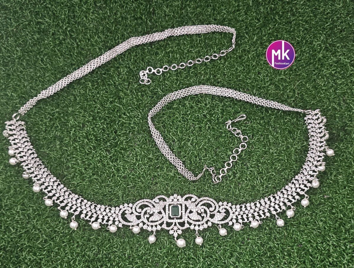 Premium Quality Silver finish AD and CZ Stone Hip Belt - MK Fashionkart -Fashion Jewelry - Indian Jewelry